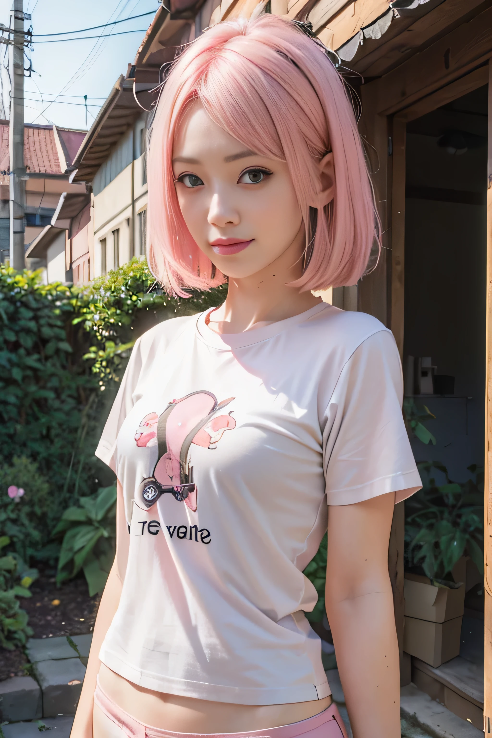 Realistic,masterpiece, best quality, (realistic,photo-realistic:1.4), (RAW photo:1.2),extremely detailed CG unity 8k wallpaper, delicate and beautiful, amazing,finely detail, official art, absurdres, incredibly absurdres, huge filesize, ultra-detailed,extremely detailed eyes and face, light on face,sakura haruno,(little smile:1.3),(pink hair:1.3),(wearing t-shirt:1.4),outdoor,short hair,green eyes,(garden background:1.4)