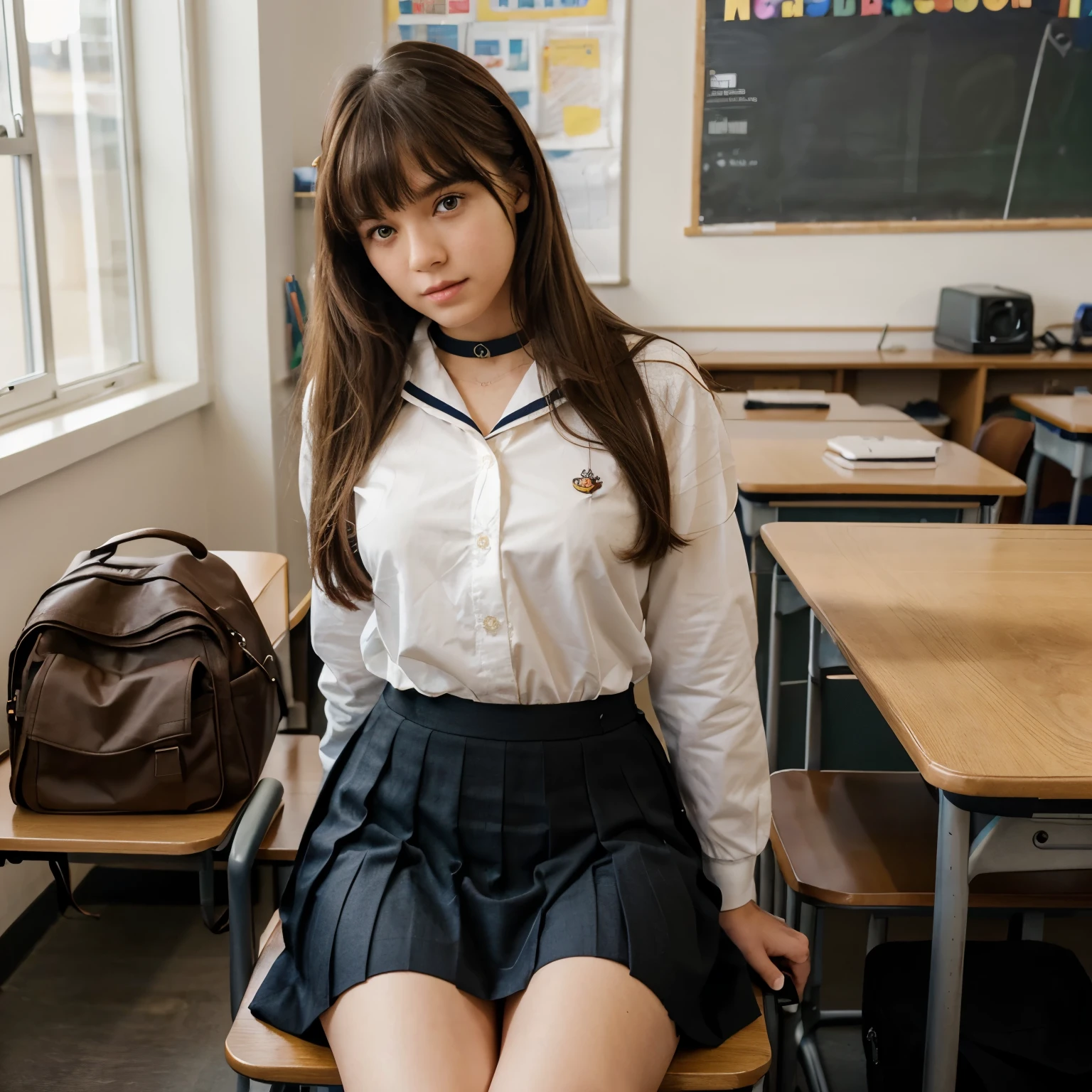 ((masterpiece, best quality)),best aesthetic,1girl, school uniform, desk, sitting, school desk, brown hair, classroom, long hair, indoors, chair, looking at viewer, :p, solo focus, brown eyes, skirt, long sleeves, pencil, 1 boy, pencil case, paper, black serafuku, multiple girls, pleated skirt, sailor collar, bangs, headrest, school bag, school chair