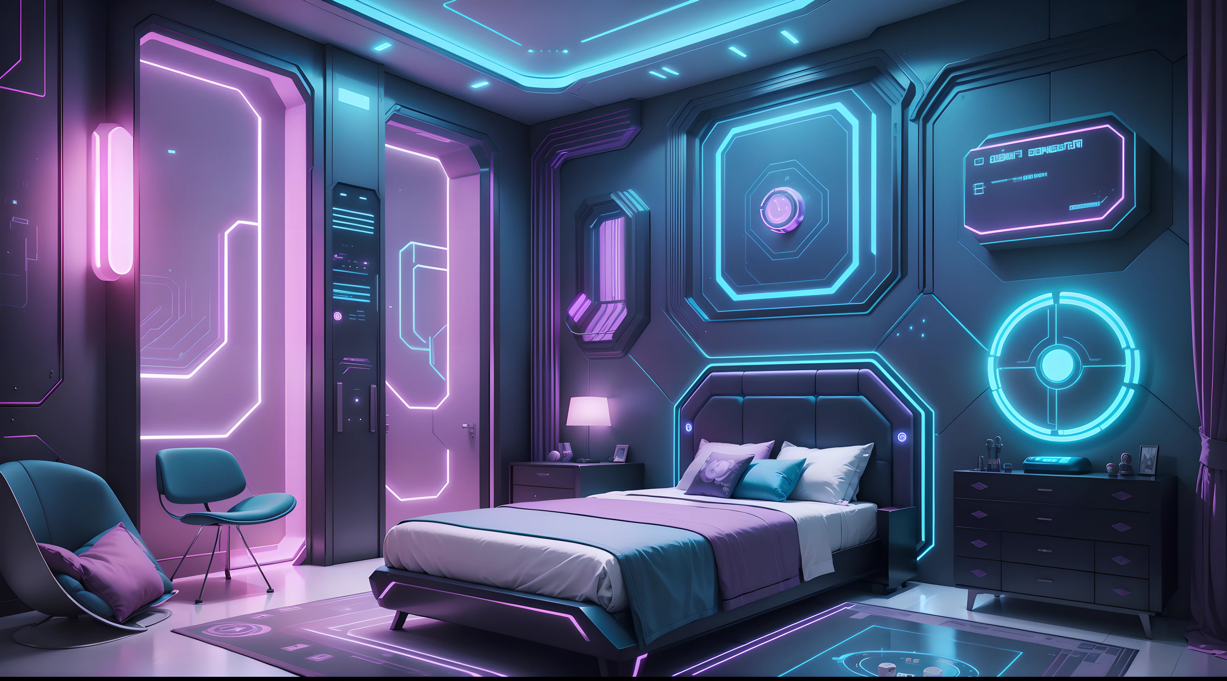 There is one bedroom,There was a bed and a chair inside, futuristic room, futuristic room background, Cozy 90s bedroom retro futurism, futuristic decor, retro futuristic apartment, futuristic interior, Cyberpunk Teen Bedroom, Galaxy theme room, futuristic decoration, cyberpunk childrens bedroom, Cyberpunk Apartment, futuristic vibe, the Cyberpunk Apartment, In a cyberpunk themed room, A futuristic living room