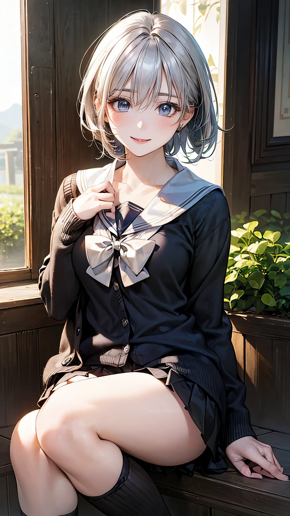 (masterpiece:1.2, top-quality), (realistic, photorealistic:1.4), beautiful illustration, (natural side lighting, movie lighting),
looking at viewer, fullbody, 1 girl, japanese, high school girl, perfect face, cute and symmetrical face, shiny skin, babyface,
(short hair, straight hair, silver hair), hair between eyes, blue eyes, (middle breasts, seductive thighs, big ass), piercings,
beautiful hair, beautiful face, beautiful detailed eyes, beautiful clavicle, beautiful body, beautiful chest, beautiful thigh, beautiful legs, beautiful fingers,
((detailed cloth texture, long sleeves black cardigan, grey pleated skirt, light brown sailor collar, brown bow tie, black thigh-high, black cardigan)),
(beautiful scenery), evening, flower garden, (lovely smile, upper eyes),