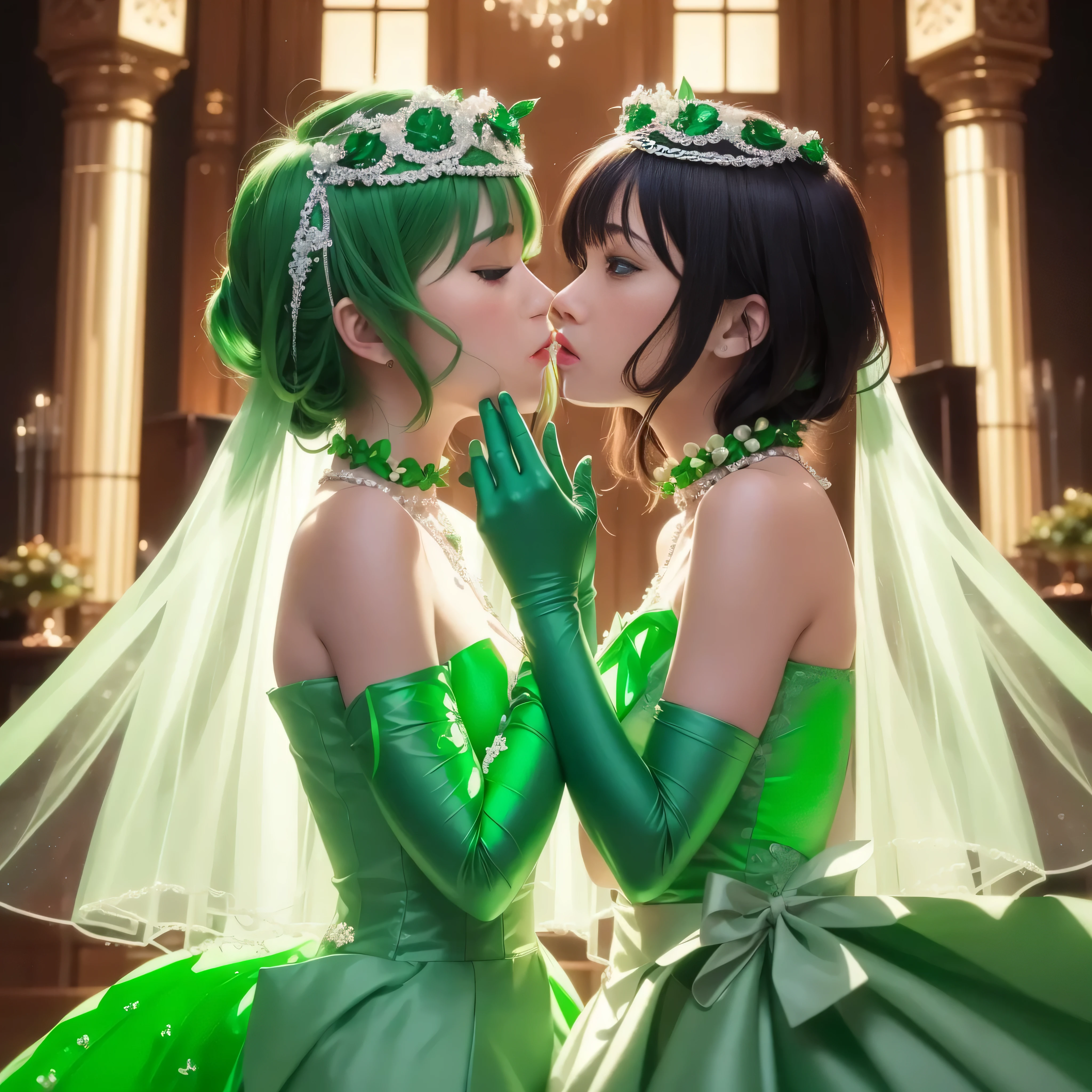 High resolution、Super detailed、(1 girl:1.3), 教会でkissをする二人の女性, Green Satin Long Gloves, Green Wedding Dresses, Green shorthair, lipstick, kiss, bride, green pearl necklace, 緑のbride, lesbian、口から口にkiss, High quality film stills, Sexy lesbian couple make, Passionate, Green dress, Green Bridal Veil, green pearl necklace