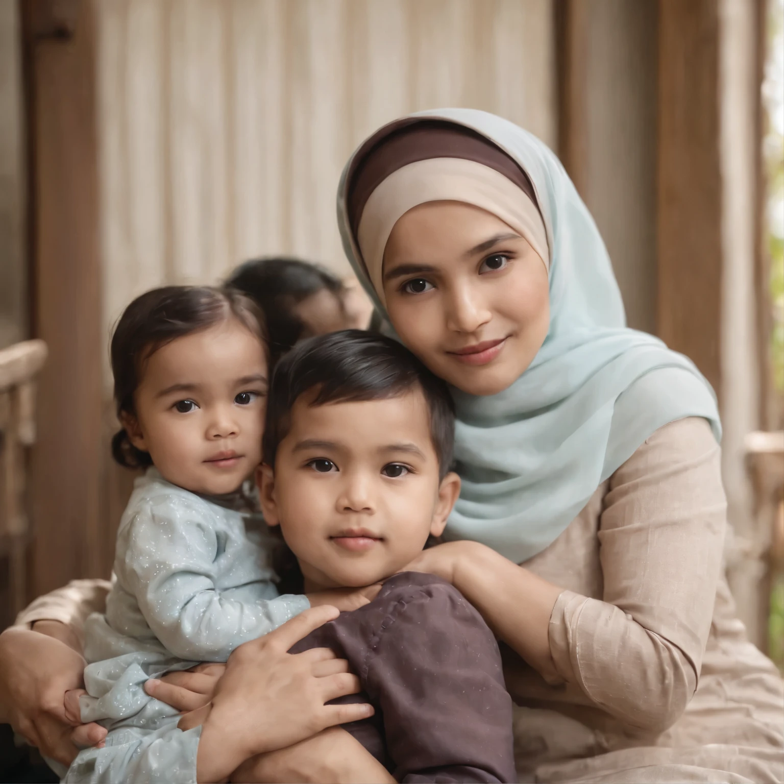 family from Indonesia 4 people, father, mother and 2 children. father aged 30 years, mother wearing a hijab aged 29 years, son aged 3 years and ddler girl wearing a hijab, sitting pose. Wooden house background