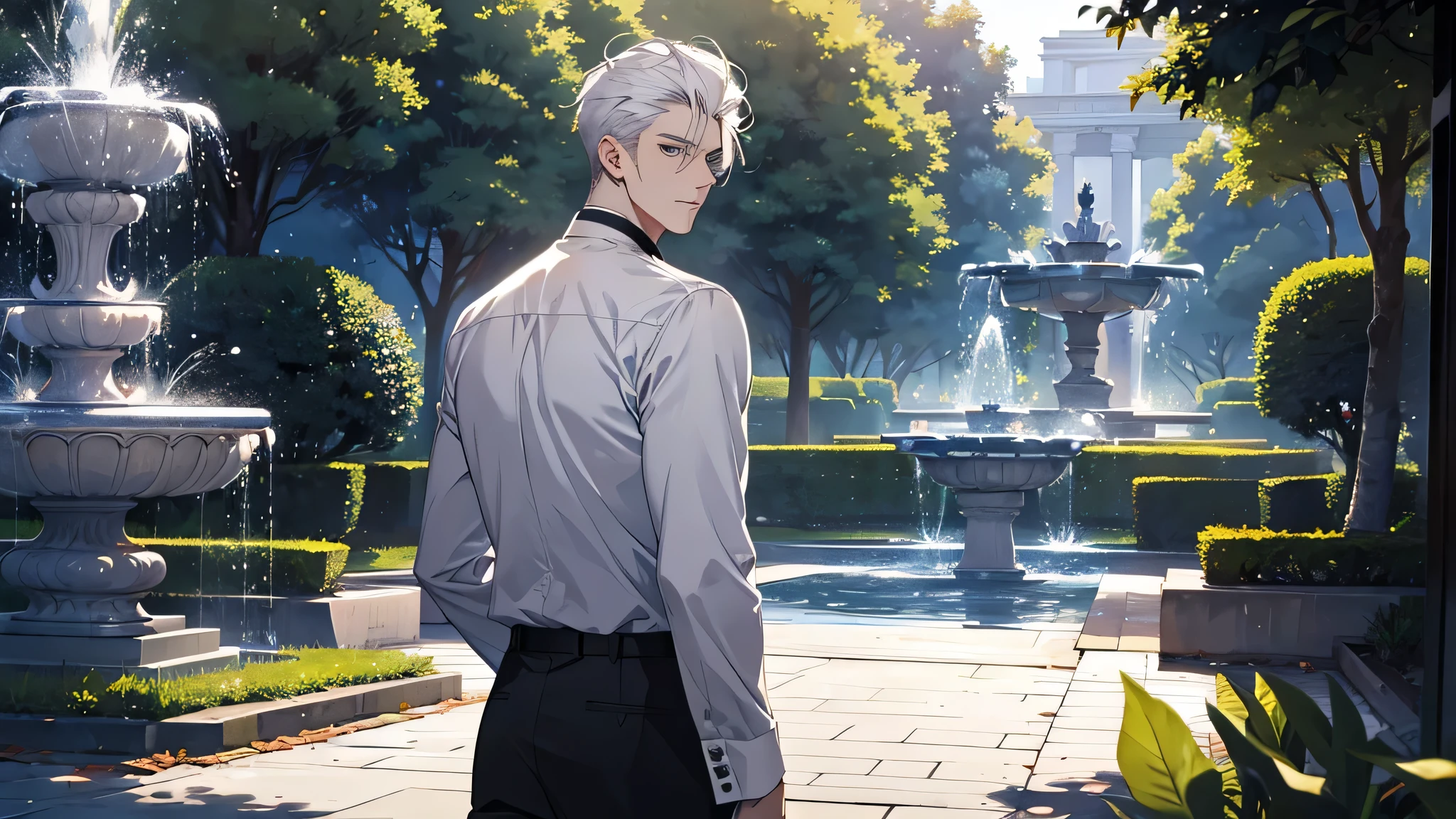 tmasterpiece,Best quality,1 man, The background is the fountain park, white hair male, detailed face, handsome face, walking, looking back