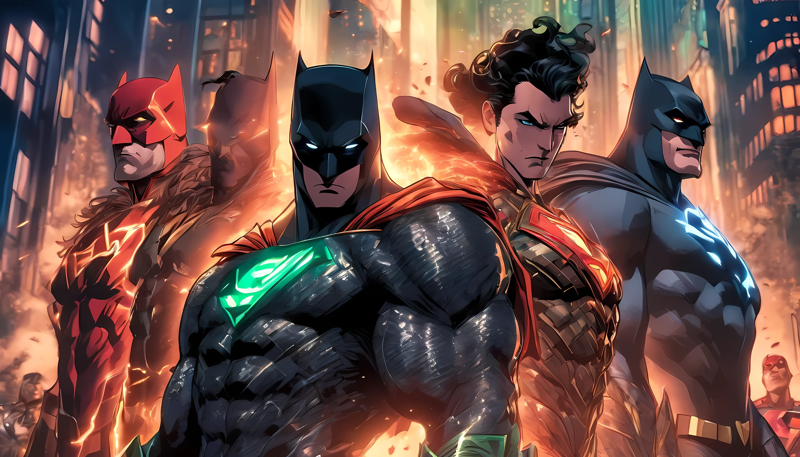 justice league from dc comic as a villain, standing pose, killing each other, evil facial expression, standing like a villain, in the middle of city, full-body illustration, best quality, ultra quality, absurd details, best light, best shadow, sharp, sharp picture, detailed face, detailed eyes, detailed, extremely detailed, great resolution, 8k, 4k, uhd, ray tracing, beautiful effects
