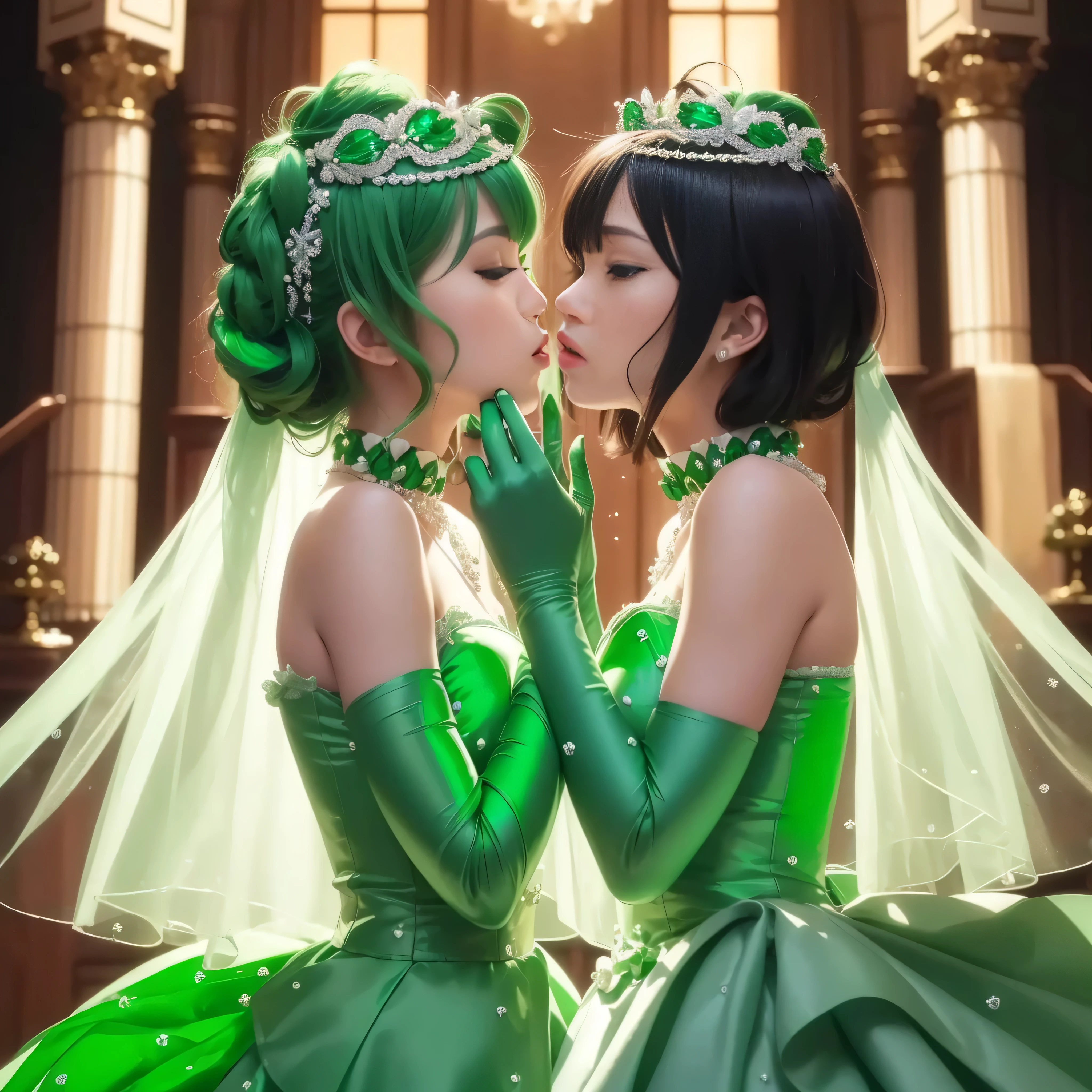 High resolution、Super detailed、(1 girl:1.3), 教会でkissをする二人の女性, Green Satin Long Gloves, Green Wedding Dresses, Green shorthair, lipstick, kiss, bride, green pearl necklace, 緑のbride, lesbian、口から口にkiss, High quality film stills, Sexy lesbian couple make, Passionate, Green dress, Green Bridal Veil, green pearl necklace