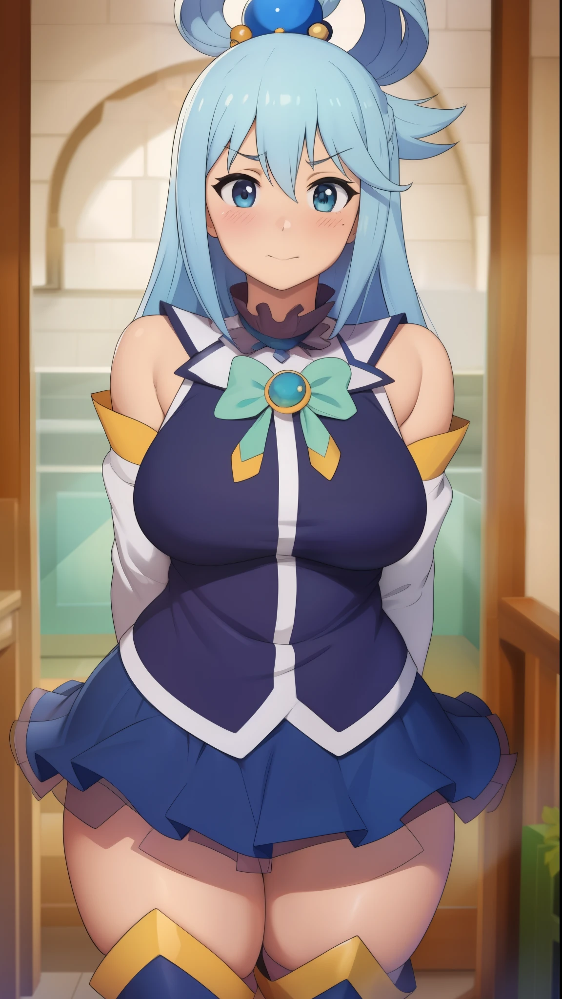 aqua \(konosuba\), ((highres)), Masterpiece, high quality, best quality, beautiful, perfect lighting, detailed face, ultra cute face, (blush), ((1girl)), ((solo)), Separated sleeves, skirt, thigh boots, Hair ornament, Hair ring, Long hair, blue hair, (blush), looking at viewer, standing, medium breasts, wide hips, thick thighs, living room, arms behind back