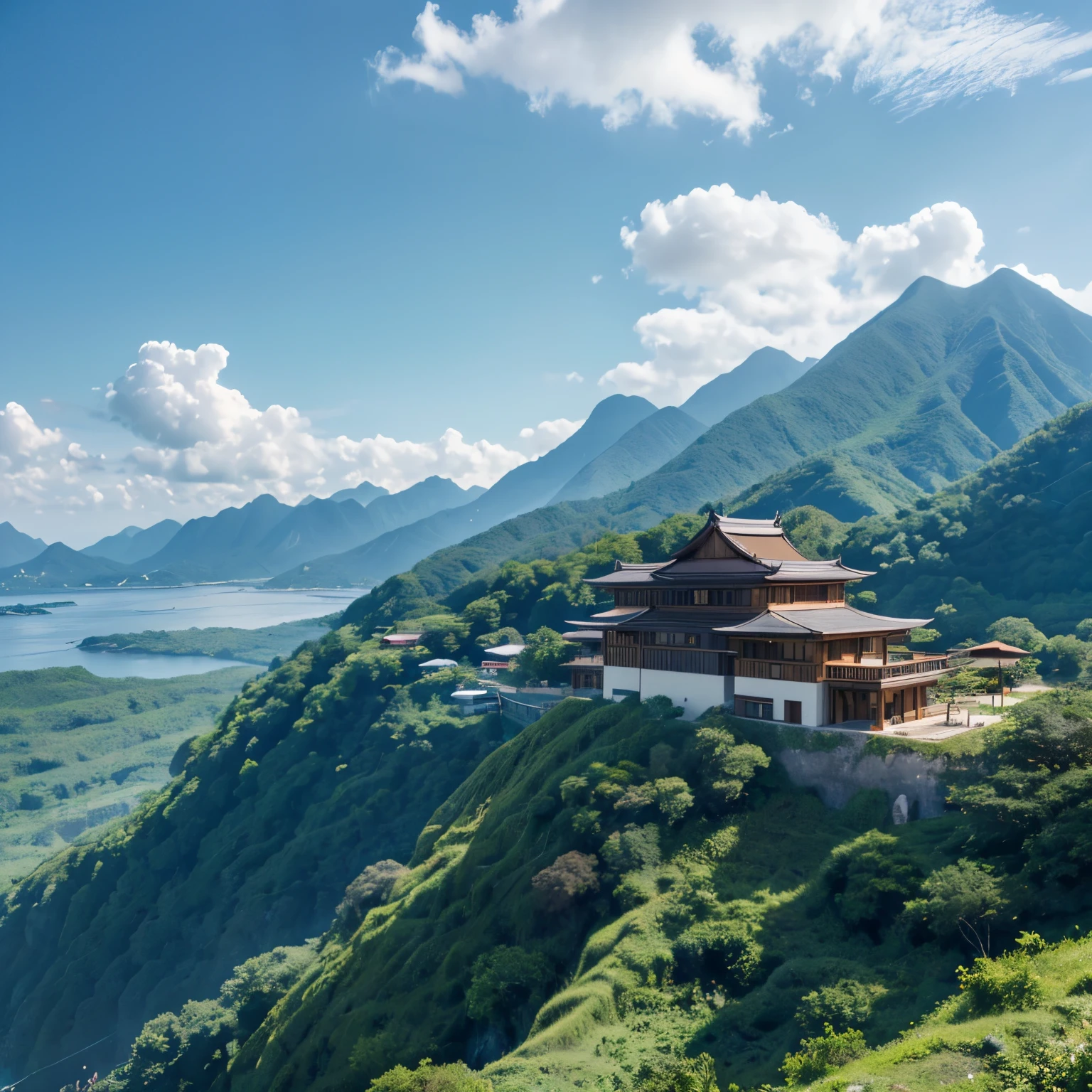Natural scenery,beauty,mountains surrounding,sea island,Mountain paths,beauty海水,Facing the sea,open fields, high fantasy, polis,township,Dense forest,islands,Wooden house,Wooden house,wooden palace,Green Mountains and Green Water,beauty,Blue sky and white clouds,civil engineering,beauty风景,Mountain