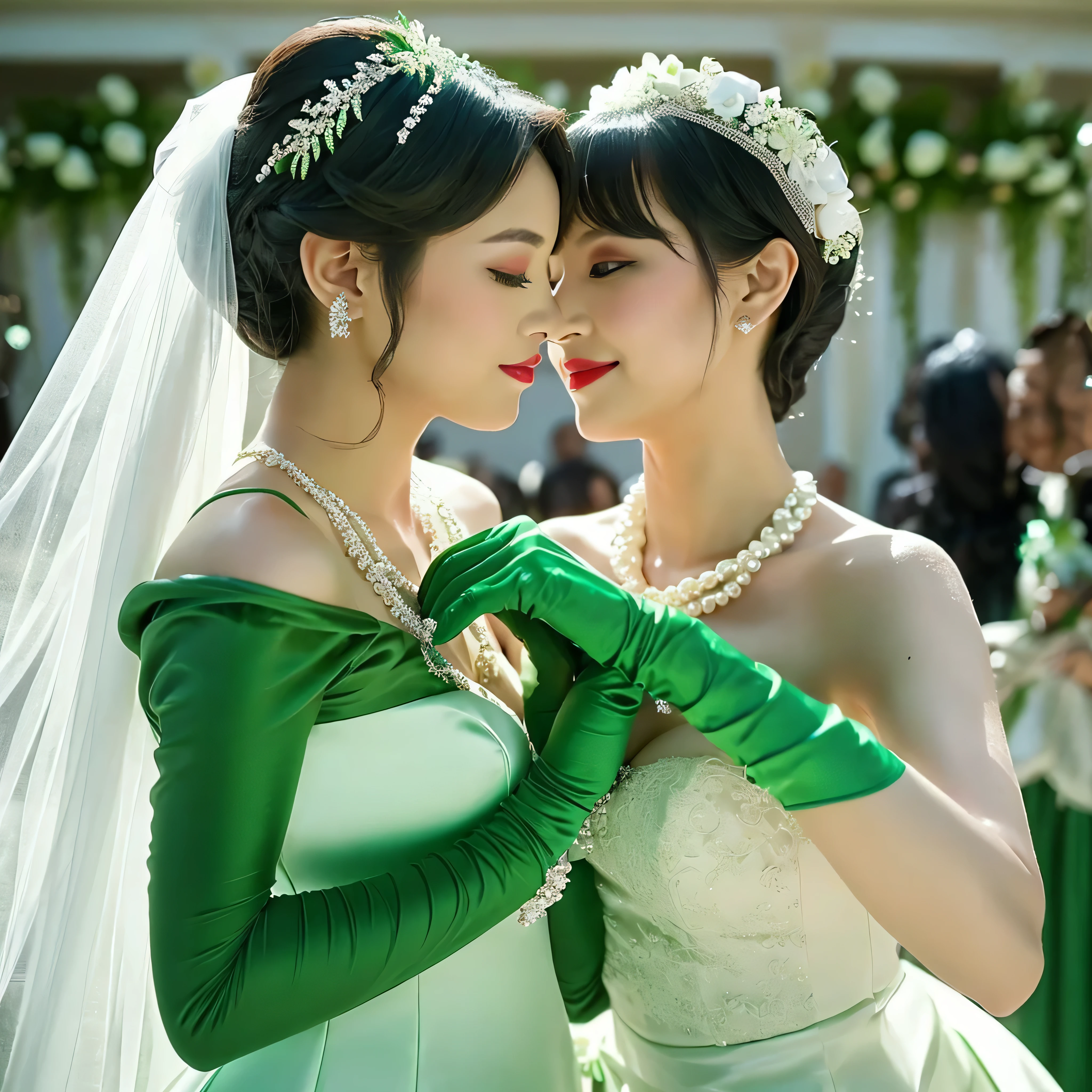 Green Dress Flower Cleanser,Sense of atmosphere, best qualtiy,tmasterpiece,Two girls hugging and kissing each other,30-years old,Green dress,Daytime Church,full body Esbian, Green gloves,With short black hair,big breasts beautiful,looking at viewert,ssmile,Green Bridal Veil,Green Long Grove,Satin green long gloves, lipsticks, Green Pearl Necklace Kiss, Stand and hug each other, lesbian, Sexy lesbian couple make, Passionate, making love, Kiss neck, Green shorthair