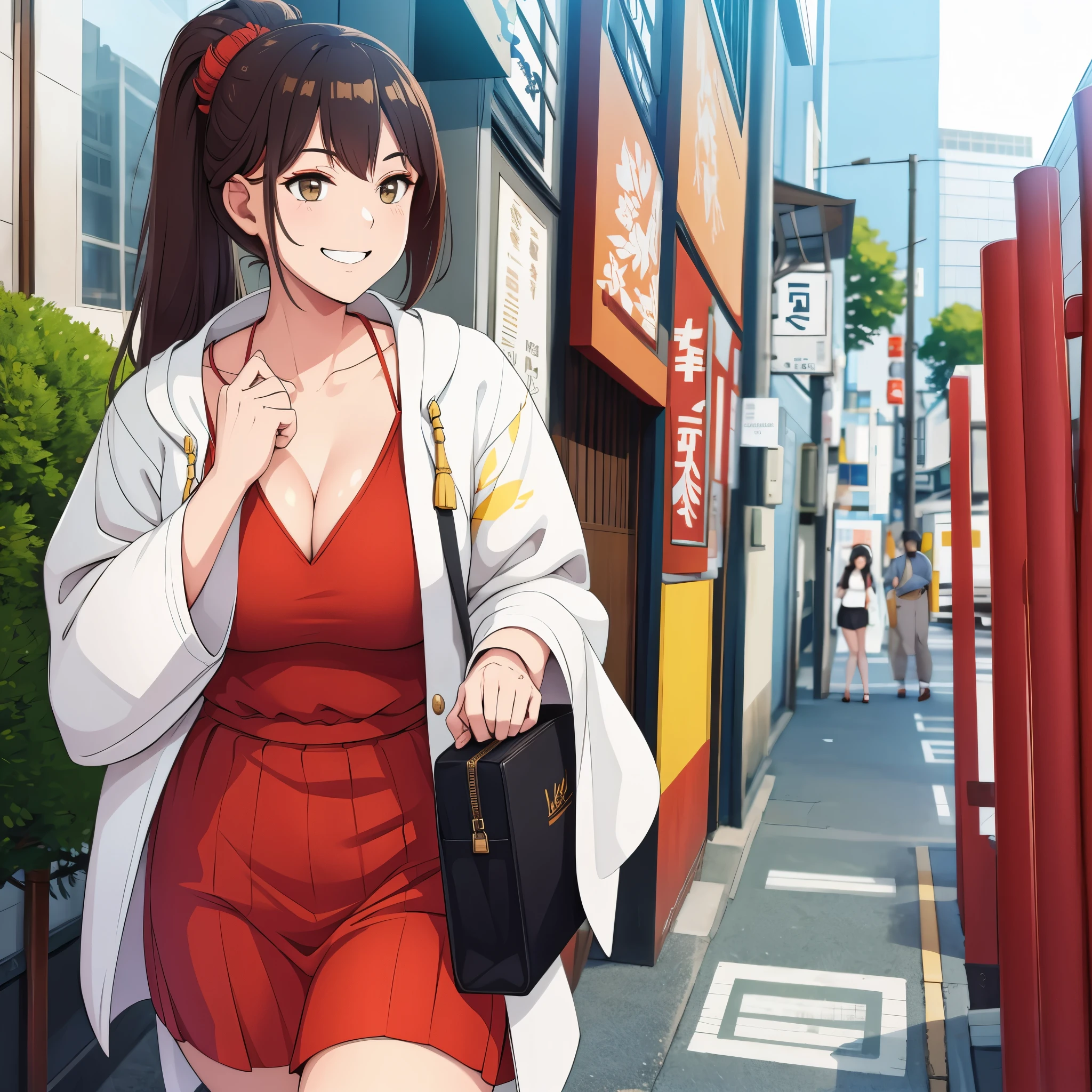 a woman in tokyo in casual clothes, smiling
