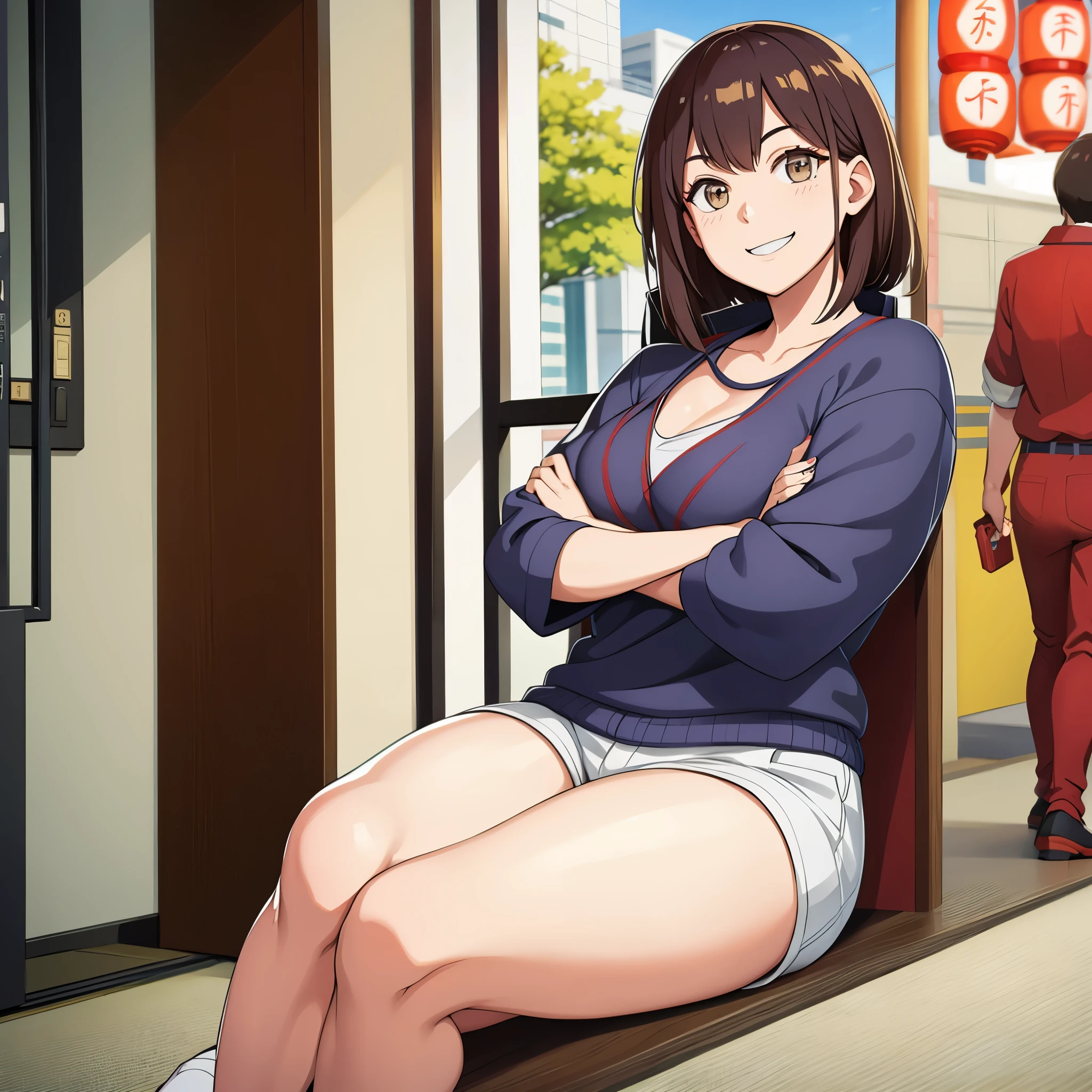 a woman in tokyo in casual clothes, smiling
