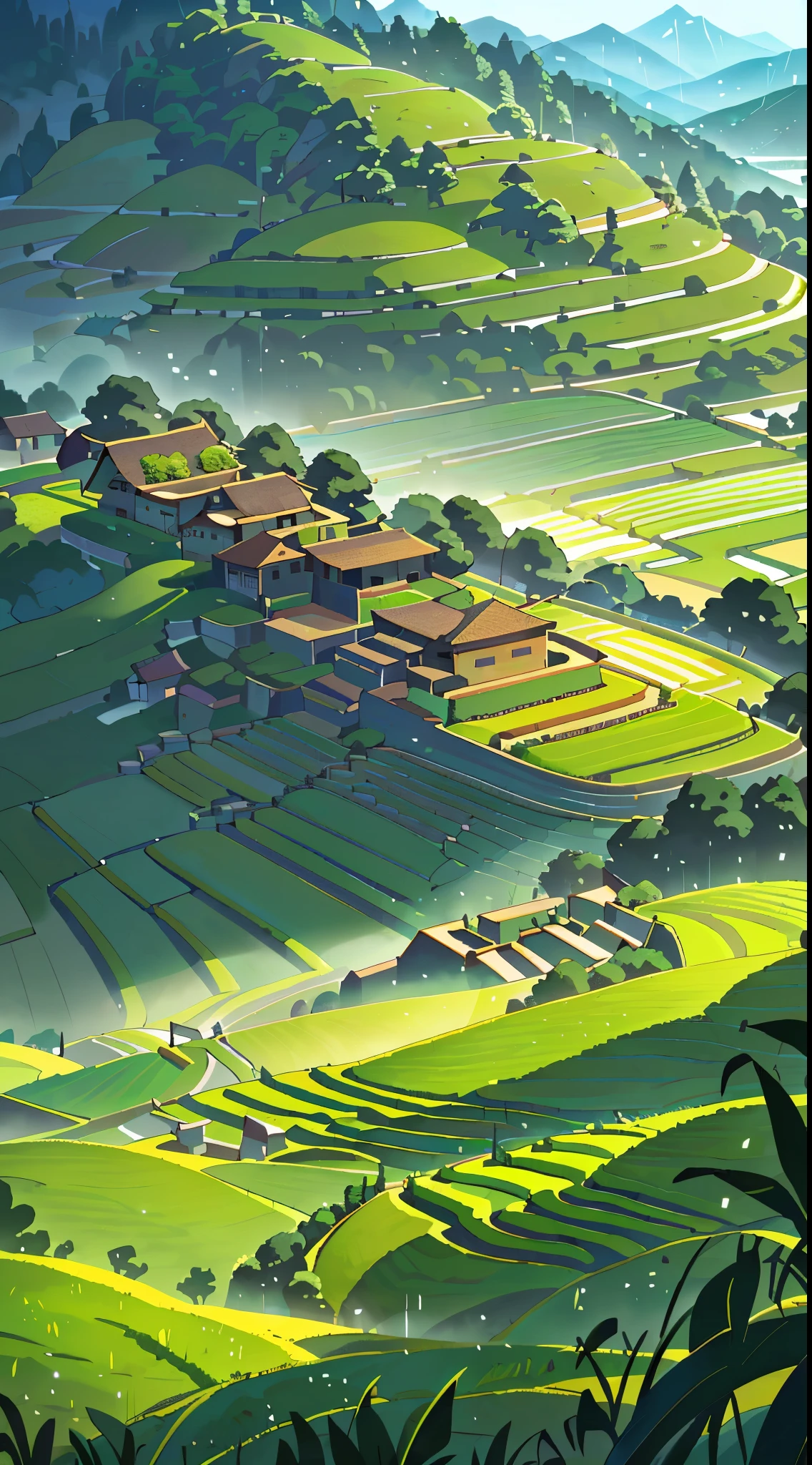 Large expanses of terraced fields, mountains, huts, with rice fields, rice fields, neat rice seedlings in the fields, misty rain, villages, agriculture, in the tranquil landscape, misty weather, in the vast tranquil landscape, in the early morning, in the morning mist, behind a small village, mist, Japanese countryside, thatched roofs --v 6