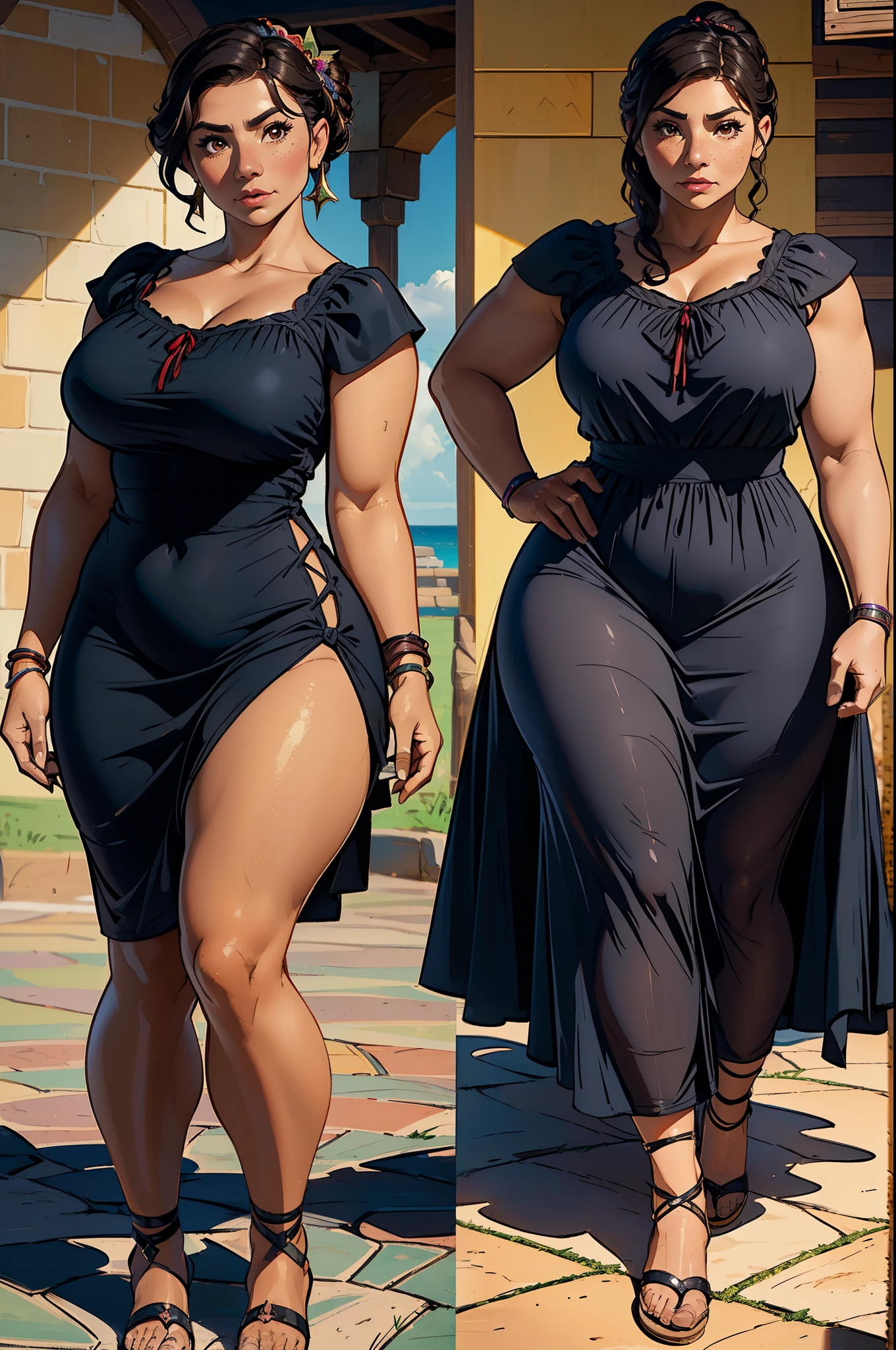 (((Luisa Madrigal from Disney's Enchanto))), toned skin, black hair, long abs (curvy) (wide hips) ((long sundress)), see-through, dark atmosphere