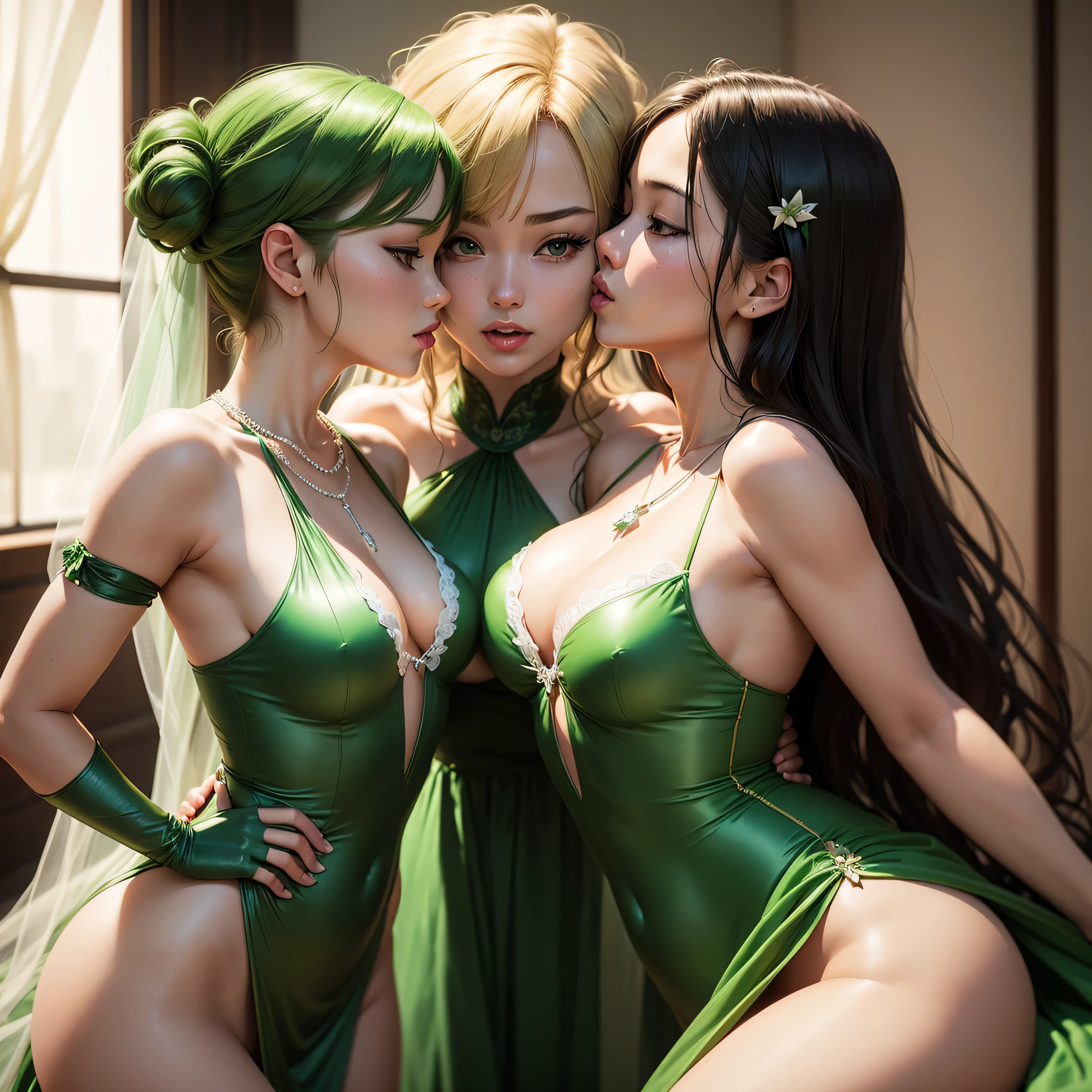 High resolution、Super detailed、(1 girl:1.3), 教会でkissをする二人の女性, Green Satin Long Gloves, green one piece, Green shorthair, lipstick, kiss, green pearl necklace, lesbian、口から口にkiss, High quality film stills, Sexy lesbian couple make, Passionate, Green dress, Green Bridal Veil, green pearl necklace