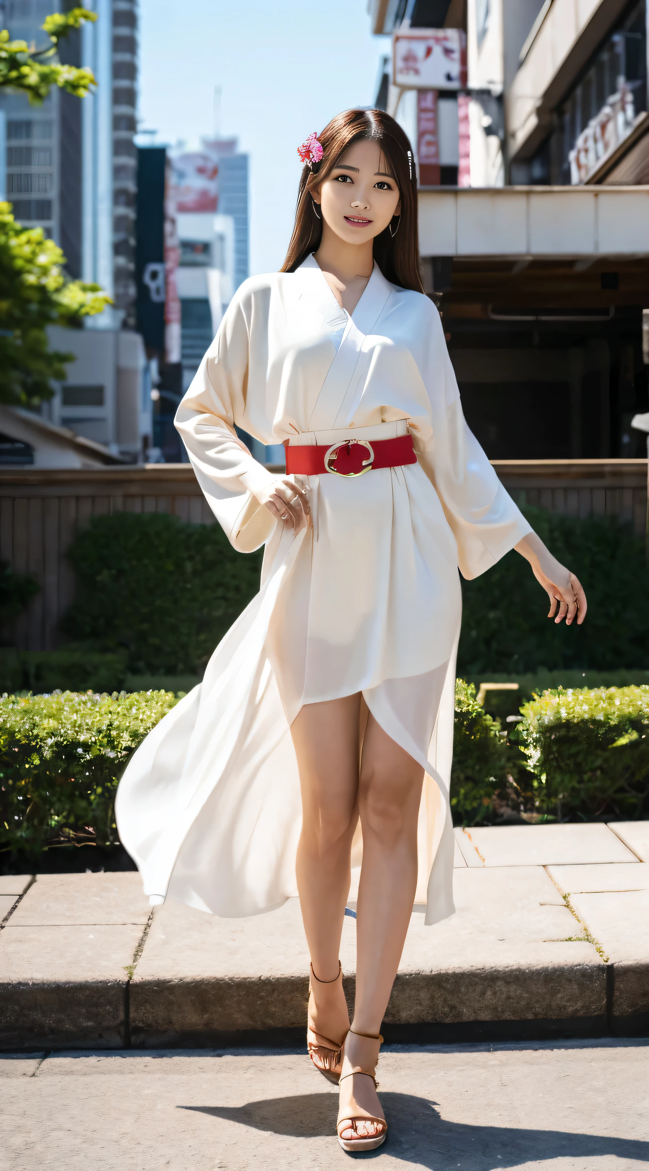 (masterpiece)、((Highest image quality))、((High resolution))、((High Definition CGUnity 8k Wallpapers))、solo、white kimono with floral pattern、red belt、outdoor、The background is the lively area of Dotonbori,facial details,facial details,chestnut hair,High resolution画像でカメラを見つめながら微笑んでいます,Full-body high-resolution image