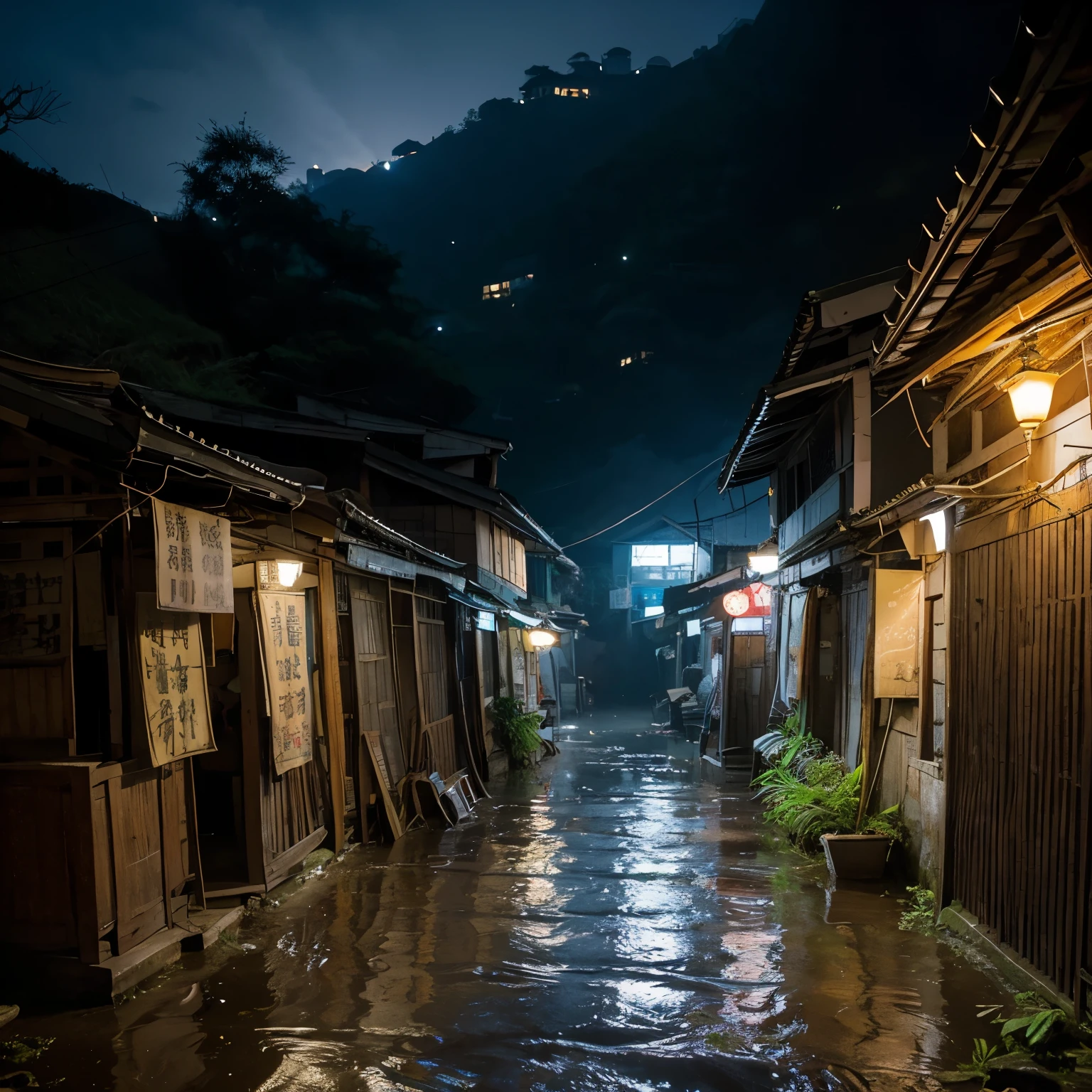 Natural scenery,Old,old hong kong,Residence,market,moist的,backward areas,poor areas,moist,dark night,Dark,Dilapidated,open fields, high fantasy, dark fantasy,一些原始部落Residence