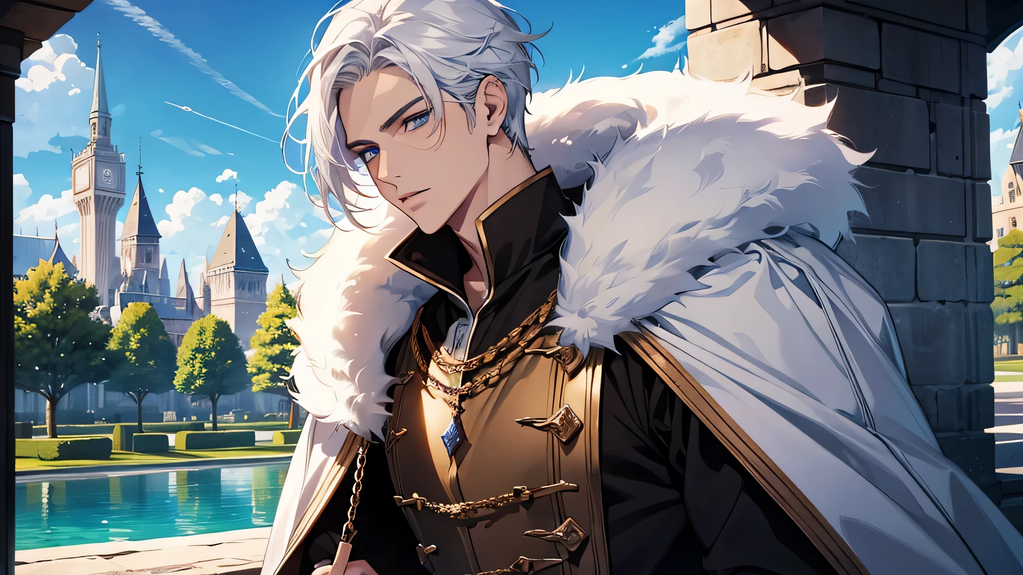 tmasterpiece,Best quality,1 man, The background is the fountain park, medieval times, blue sky, white hair male, detailed face, handsome face, plump lips