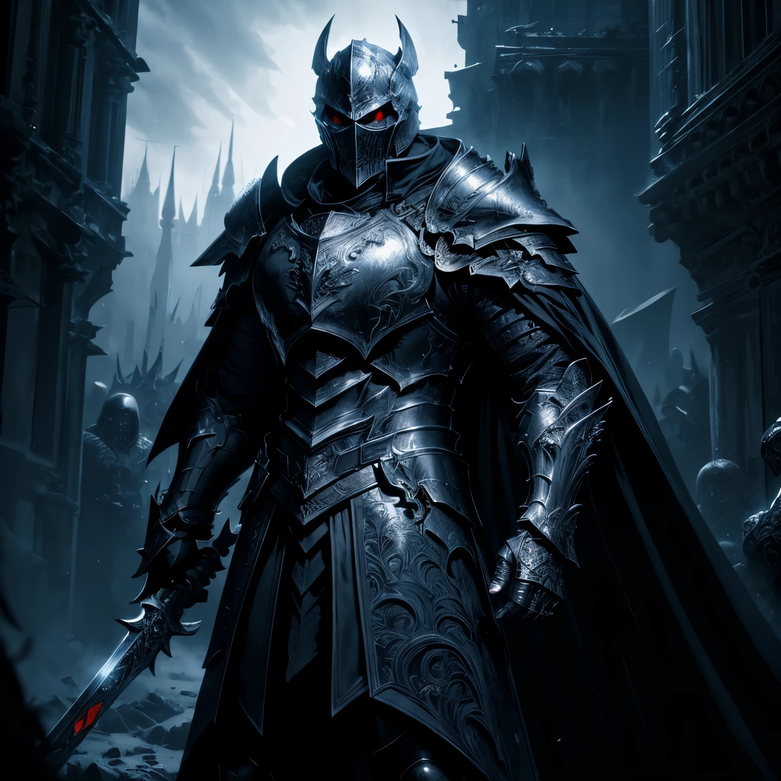 (extremely detailed 8k wallpaper),death knight, wearing jet black Full plate armour, absolutely stunning art, intricate, high detail, dramatic, darkness,, cinematic composition,Doomknight, detailed armor, detailed face, detailed armor, cape, intricate ornamented, full armor, Deadric Knight