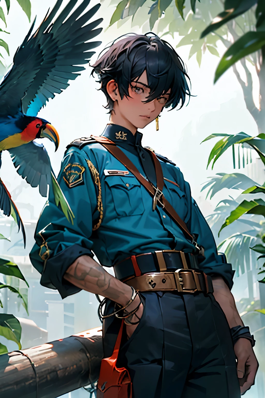 (Estilo Anime dos Anos 80), (Mysterious and dystopian environment), (personagem garota), (tema de Cultura Tucana), (emphasis on toucan accessories), (Prominent position, facing the camera with dynamic angle), (use of dynamic camera), (military school uniform of the country inspired by the Tucana Culture), (scenario in a dystopian country based on the culture of the Brazilian toucans of Tocantins), (paleta de cores escuras e sombrias), (Very high resolution image), (smooth rendering), (cabelo curto), (destaque para uma boina militar preta com grande faixa roxa), (angry facial expression), (Right arm with blue belt and college symbol).