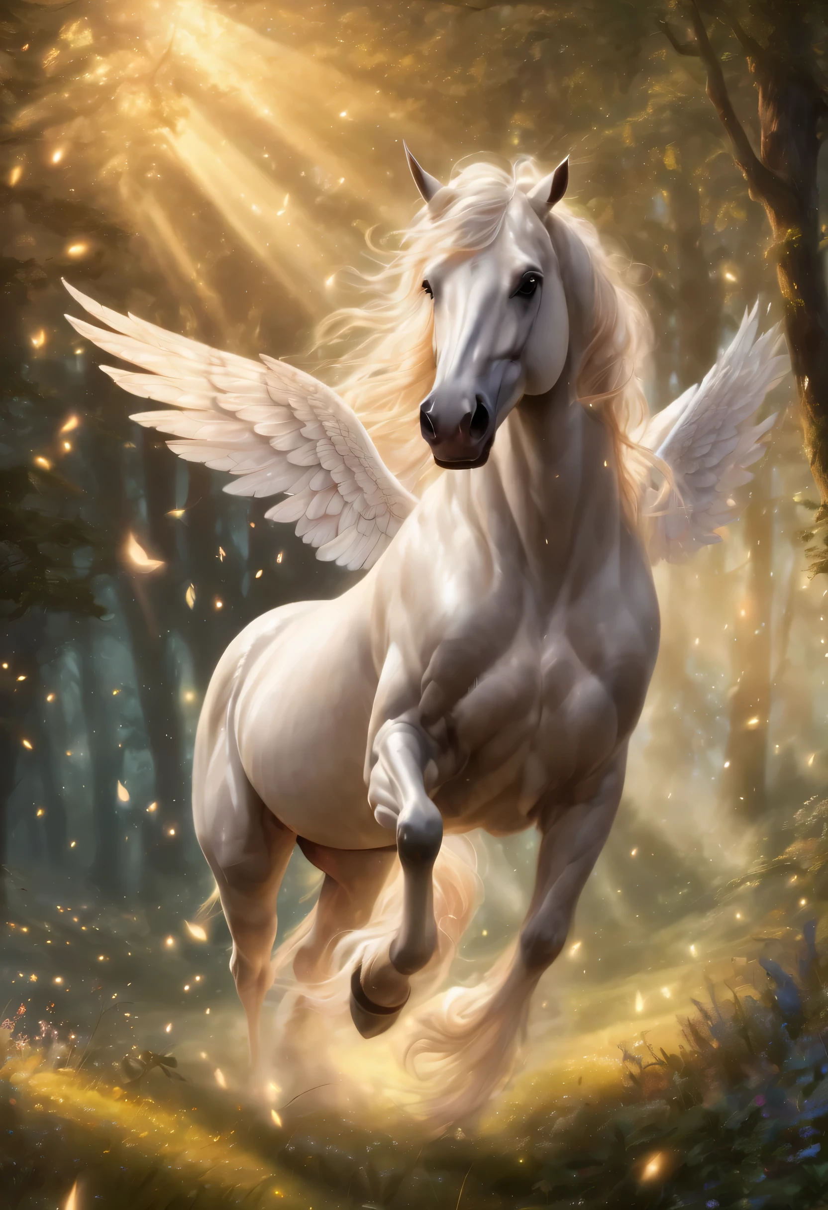 Mythical winged unicorn galloping across moonlit meadows, sparkling mane, elegant horn with intricate carvings, powerful ((angel like wings)) adorning the flanks, photorealistic fur, cinematic quality, surrounded by fireflies, fluid movement, gleaming hooves, dreamlike ambiance, fantasy forest in the background