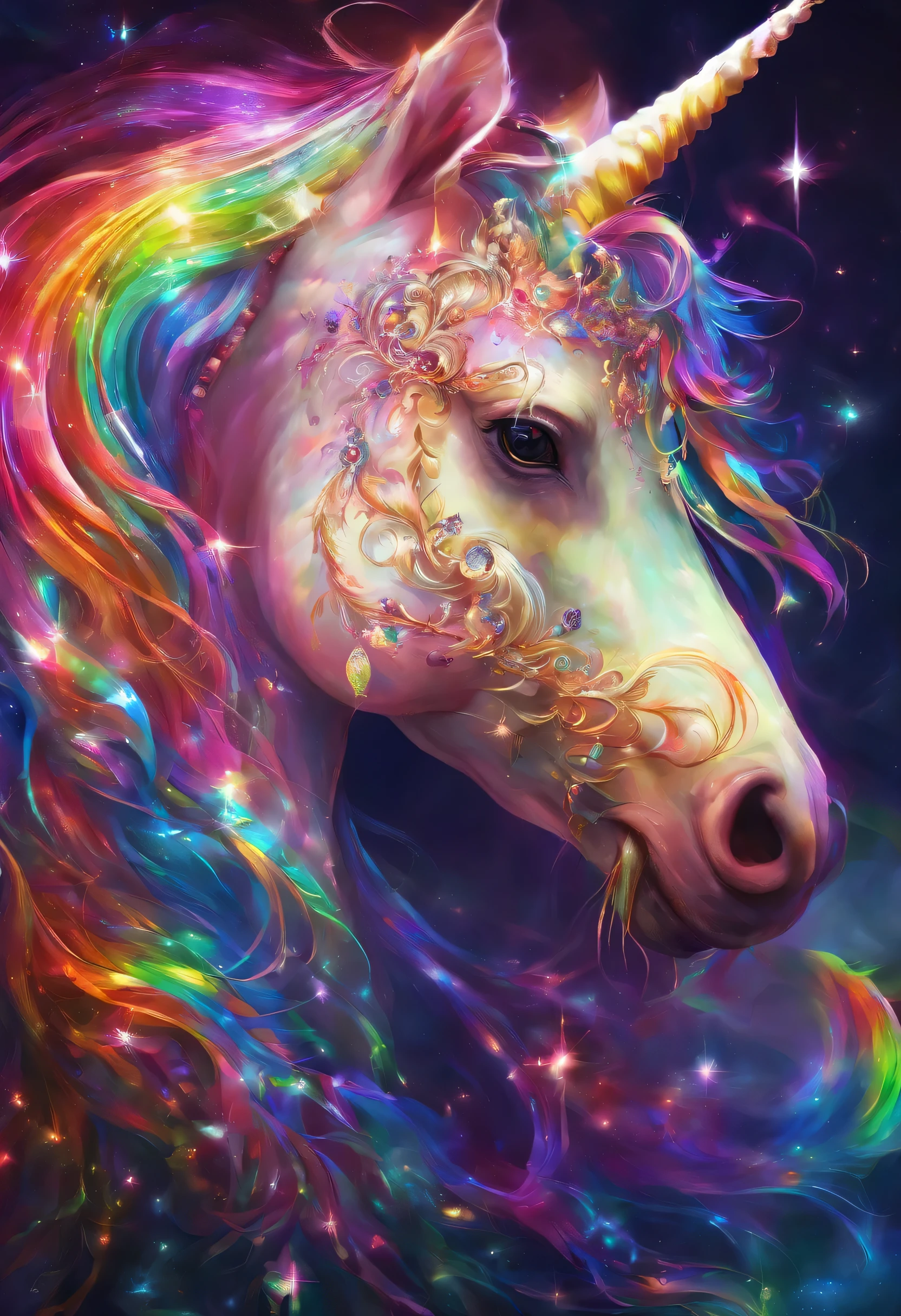 fantasy rainbow unicorn，facial close-up，Ambilight，The colors are bright and bright，black background，mist，Meticulous portrayal，Rich details，imagination explosion，hyper-realistic，Super realistic，masterpiece，8k，light，Tyndall effect