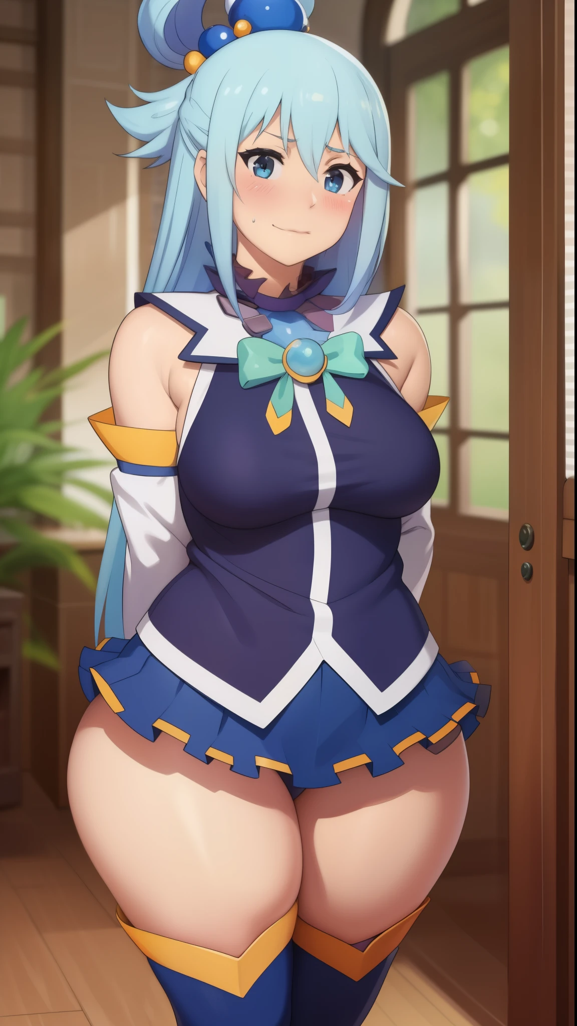 aqua \(konosuba\), ((highres)), Masterpiece, high quality, best quality, beautiful, perfect lighting, detailed face, ultra cute face, (blush), ((1girl)), ((solo)), Separated sleeves, blue blouse, skirt, thigh boots, Hair ornament, Hair ring, Long hair, blue hair, (blush), looking at viewer, standing, medium breasts, wide hips, (thick thighs), living room, arms behind back