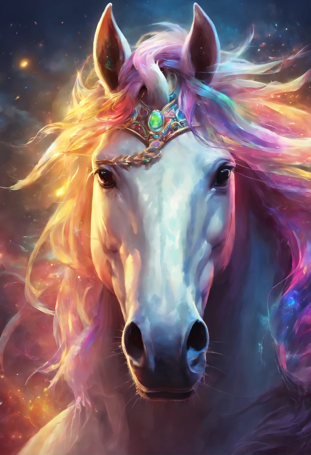 fantasy rainbow unicorn,Facial close-up enhancement,Ambilight,The colors are bright and bright,black background,mist,Meticulous portrayal,Rich details,imagination explosion,hyper-realistic,Super realistic,masterpiece,8k,light,Tyndall effect