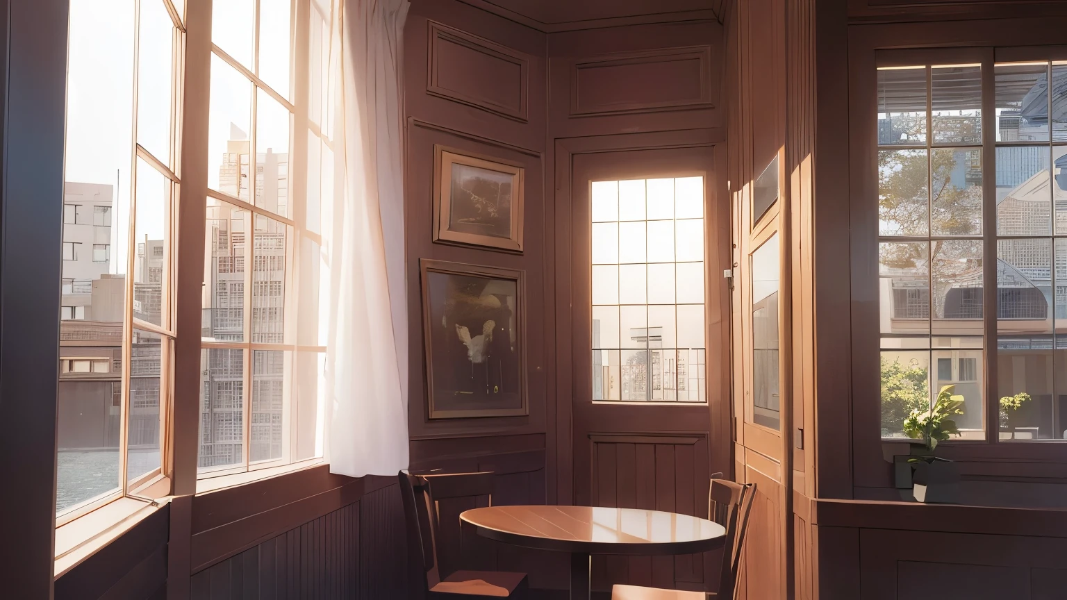 The background is a café、interior、window、wall