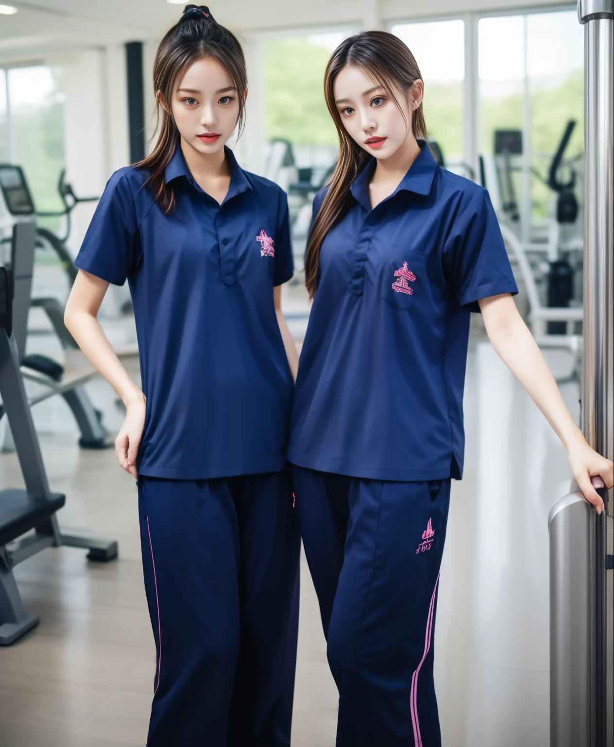3 girls in fitness center, Navy blue short-sleeved shirt,Navy Long Trackpant,Sweatpants, Sweatpantsขายาว,25 year old girl, lesbian, sexy, exercise clothes, wet body, exercise clothes