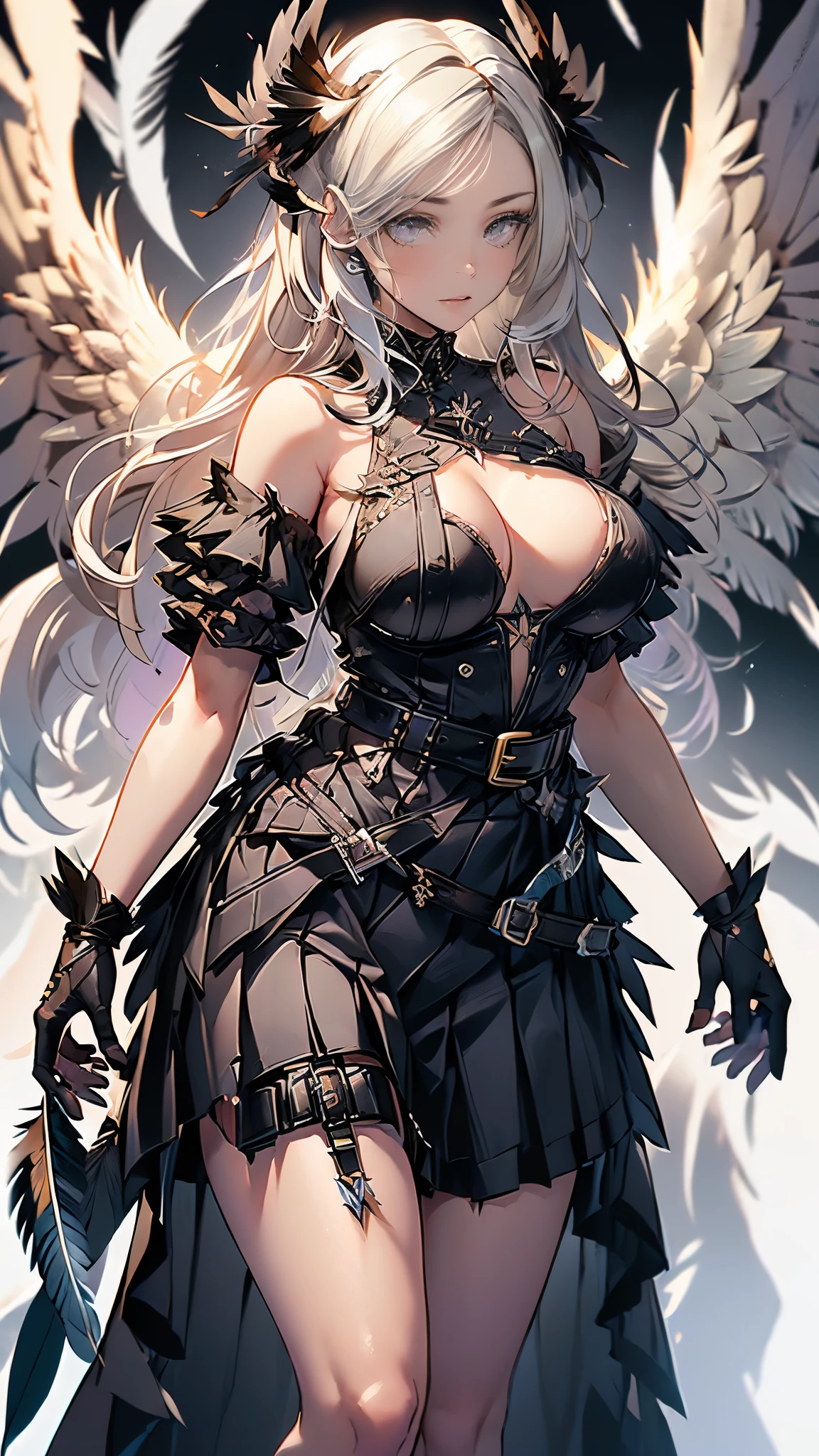 Raw photo,masterpiece,best quality,ultra-detailed,high resolution,extremely detailed CG,unity 8k wallpaper,official art,production art,novel illustration,caustics,textile shading,super detailed skin,perfect anatomy,detailed,cinematic lighting,dynamic lighting,beautiful detailed eyes,(shiny skin),(Lucifer, the Fallen Angel), (large angel black wing:1.5),(black angel wing:1.5) blonde hair, long hair, Black eyes, , wide , narrow waist, (Black bustier:1.2), open chested dress, sleeveless, (dress with lots of belts:1.5), white tucked garter belt, (celestial inspired background:1.3), blurred background,(feather effect:1.5),punk style,(long side skirt:1.5),(layered skirt),smile