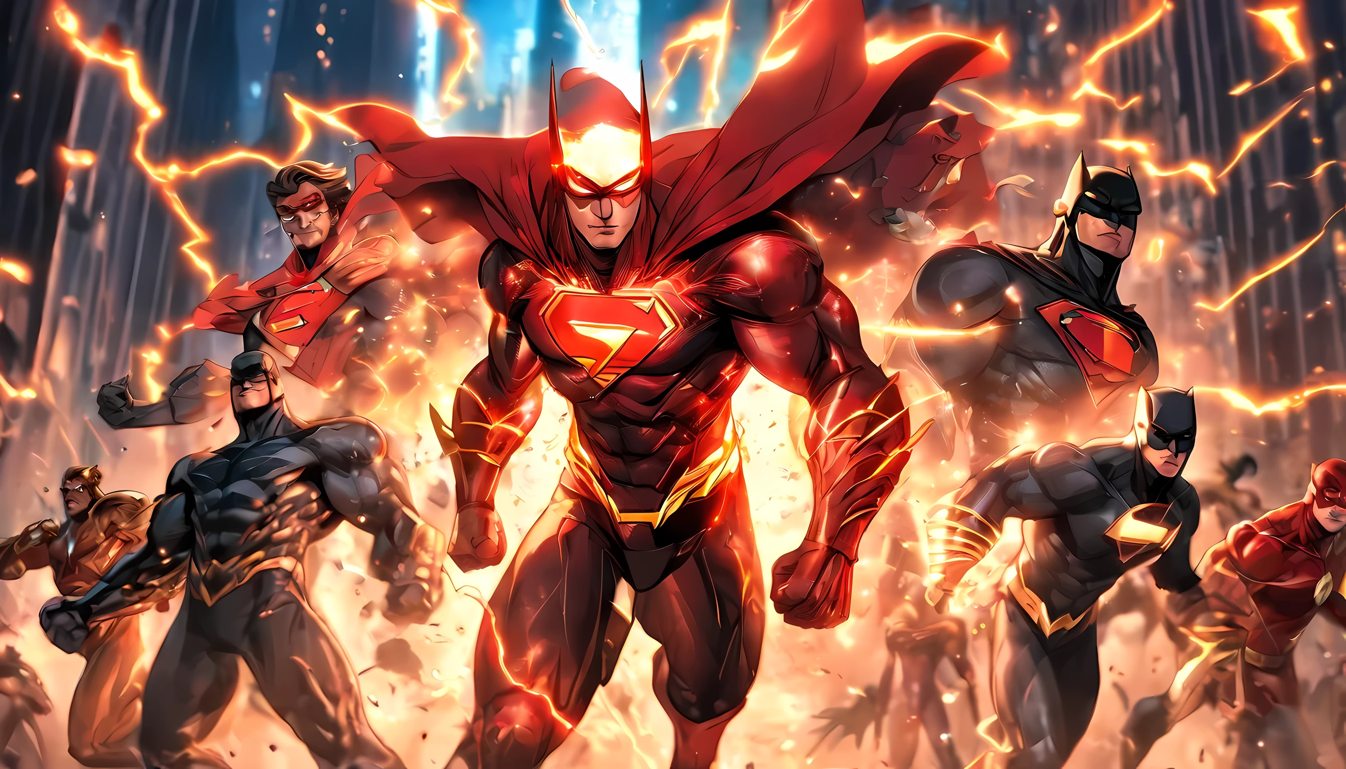 justice league from dc comic as a villain, standing pose with the flash as center, killing each other, evil facial expression, standing like a villain, in the middle of city, full-body illustration, best quality, ultra quality, absurd details, best light, best shadow, sharp, sharp picture, detailed face, detailed eyes, detailed, extremely detailed, great resolution, 8k, 4k, uhd, ray tracing, beautiful effects