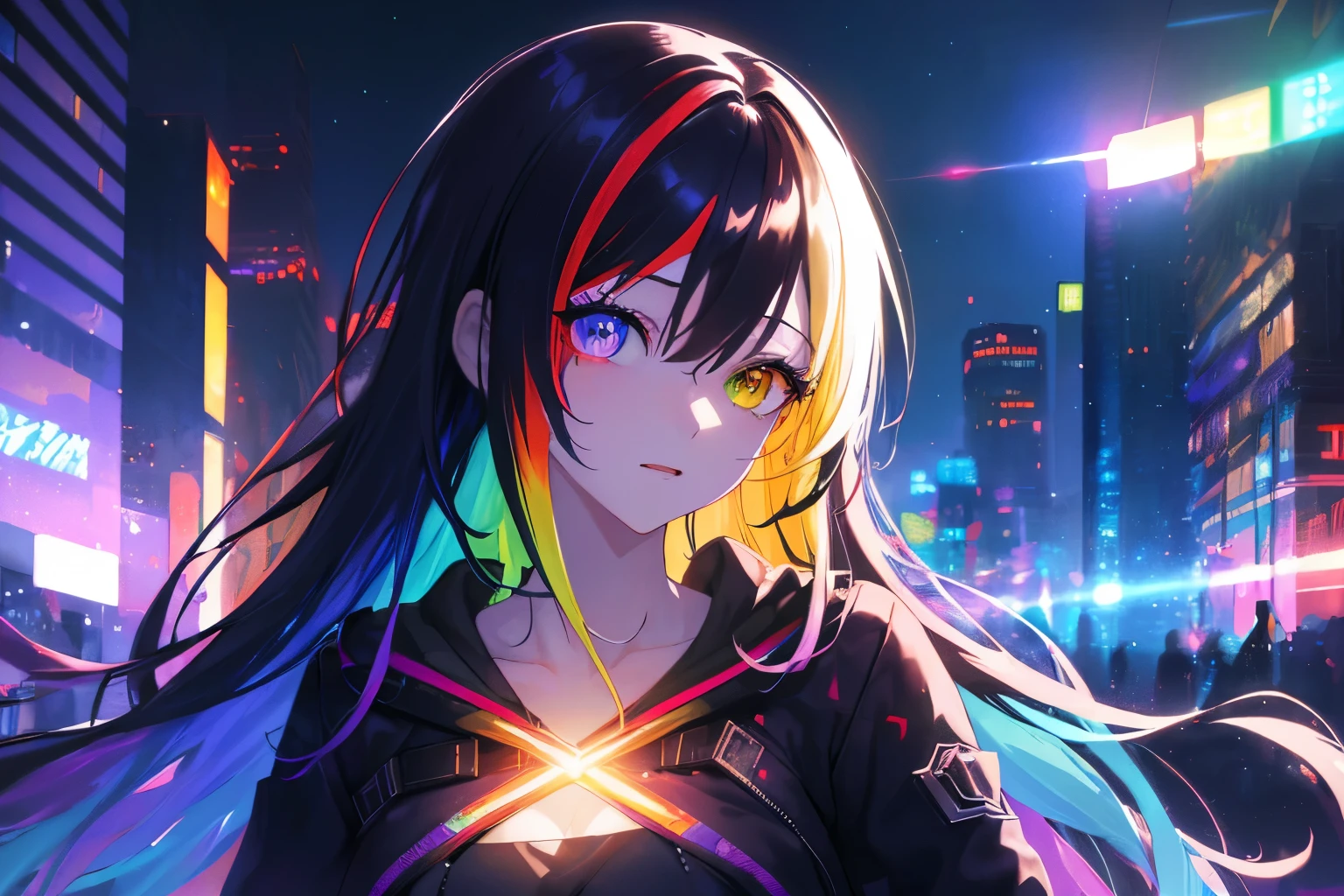 {{masutepiece}}, Best Quality, the Extremely Detailed CG Unity 8K Wallpapers, Cinematic lighting, Lens Flare, Beautiful detail eyes, Black, side glance, Multicolor Hair, Colorful light, Particle, Heterochromia, (Colorful:1.5), (Colorful hair:1.5), cyberpunk