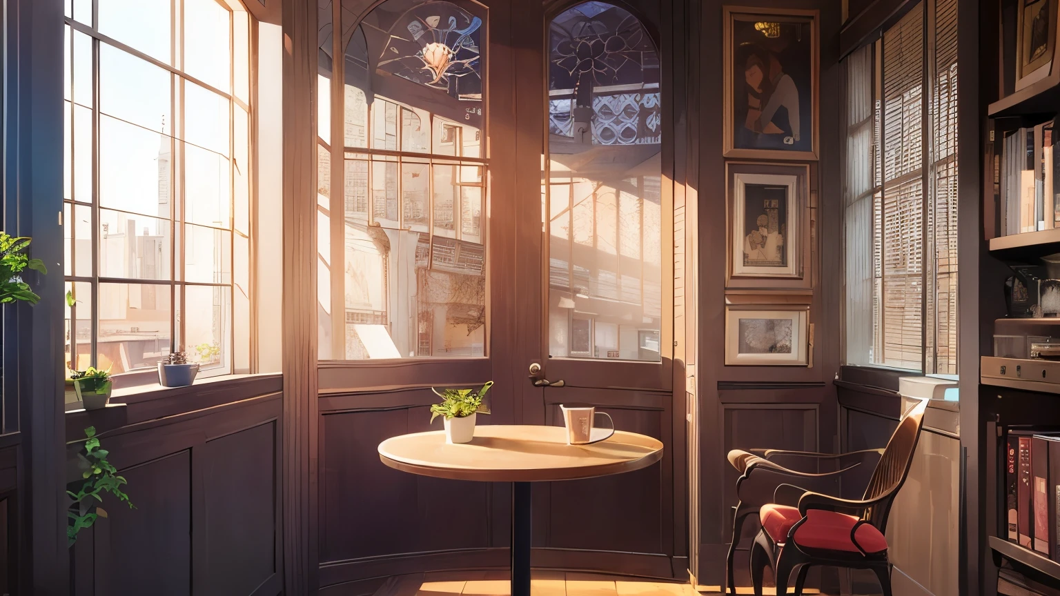The background is a café、interior、window、wall