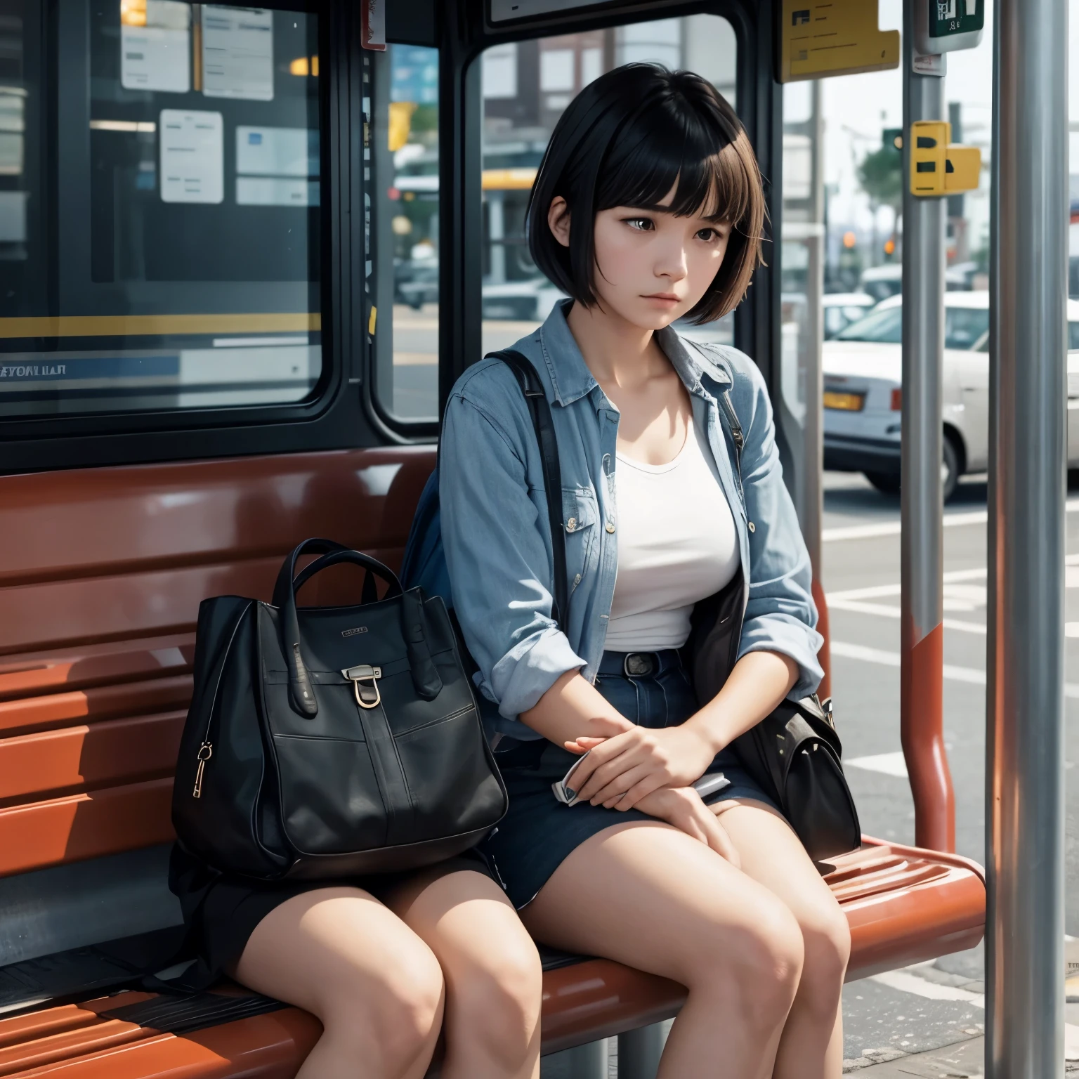 A 24 year old woman, with short hair and bangs, was waiting at a bus stop feeling sad