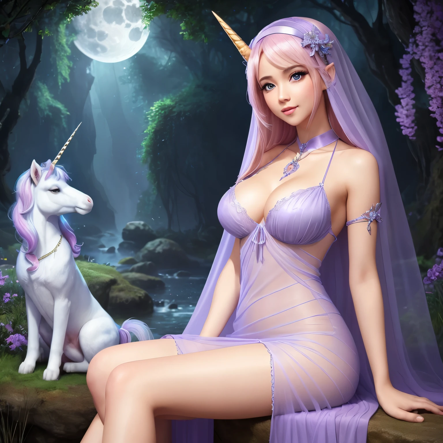 (two subjects)(complex details)(a very high quality,4k,8k,highres,masterpiece:1.2), ultra-detailed, realistic, photorealistic:1.37, HDR, UHD, studio lighting, extreme detail description, professional, vivid colors, bokeh, portraits, landscape, fantasy, sexy, Malaysian, damsel, hijab, sheer, open, translucent dress, big breasts, cute face, unshaved pubic area, pets, kisses, fantasy unicorn, elven glade, moonlight