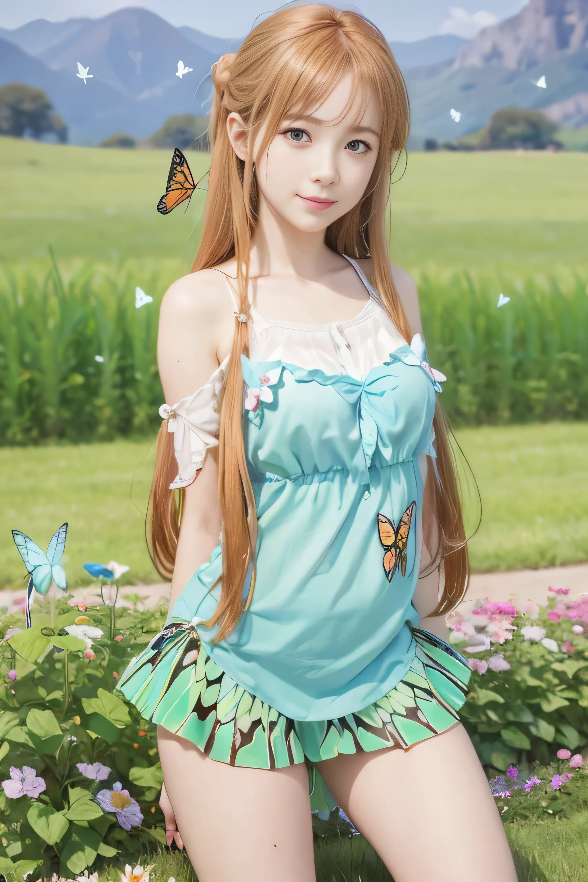 Realistic,masterpiece, best quality, (realistic,photo-realistic:1.4), (RAW photo:1.2),extremely detailed CG unity 8k wallpaper, delicate and beautiful, amazing,finely detail, official art, absurdres, incredibly absurdres, huge filesize, ultra-detailed,extremely detailed eyes and face, light on face,asuna yuuki ,(little smile:1.3),(caramel hair:1.3),(wearing butterfly clothes:1.4),locker room