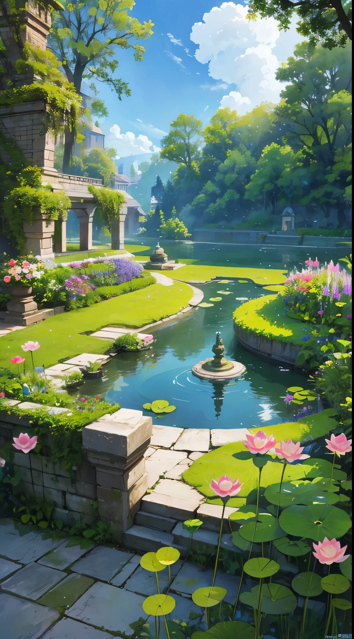Castle in the Sky、garden、garden、Flower Garden、Lianhua、lotuses、The lotus flowers、The fountain、beautful view , no human
