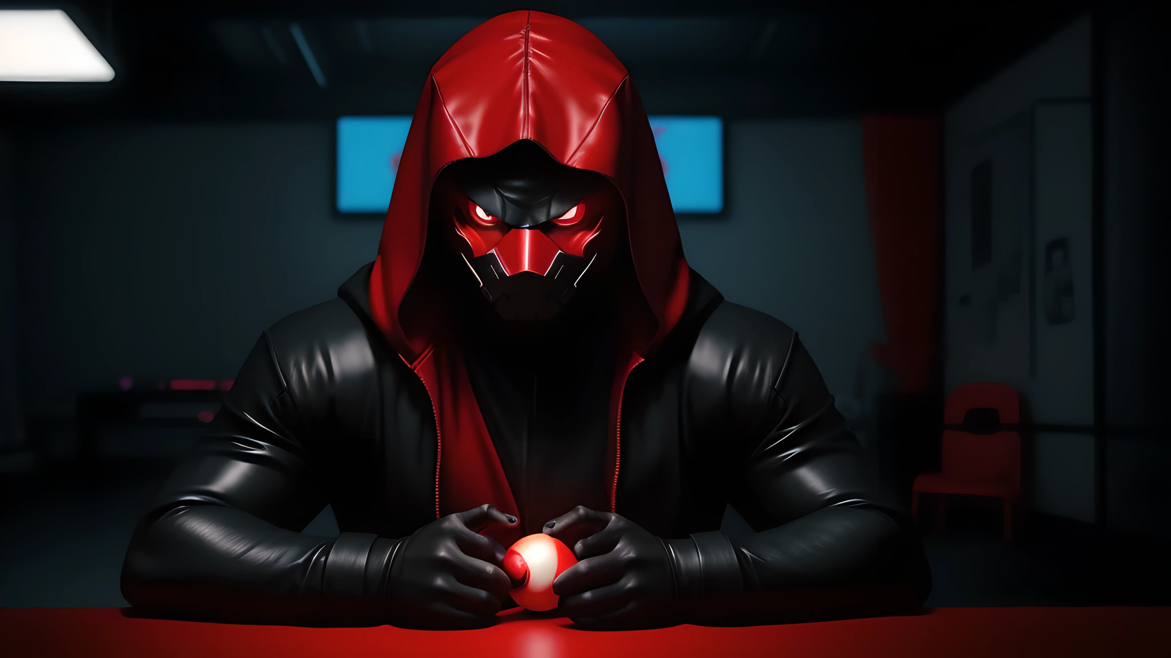 neon ninja style, Close-up of a man wearing a red turban，There is a big ball in the center of the room, Close-up of electronic devices on table