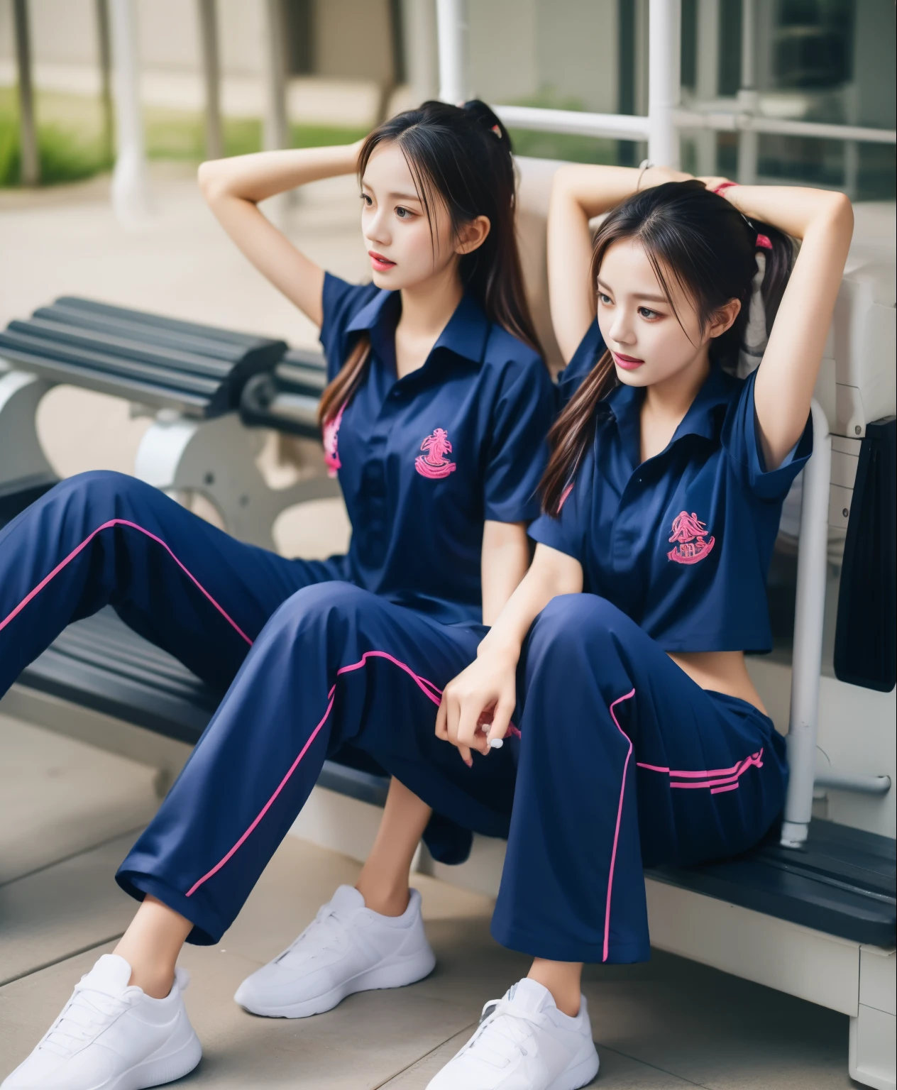 3 girls in fitness center, Navy blue short-sleeved shirt,Navy Long Trackpant,Sweatpants, Sweatpantsขายาว,25 year old girl, lesbian, sexy, exercise clothes, wet body, exercise clothes