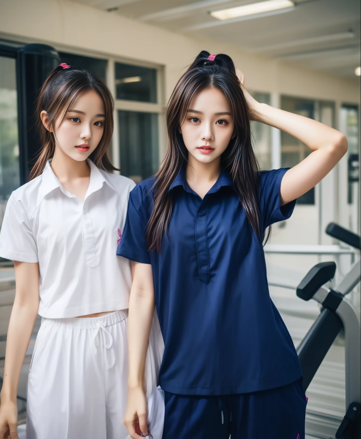 3 girls in fitness center, Navy blue short-sleeved shirt,Navy Long Trackpant,Sweatpants, Sweatpantsขายาว,25 year old girl, lesbian, sexy, exercise clothes, wet body, exercise clothes