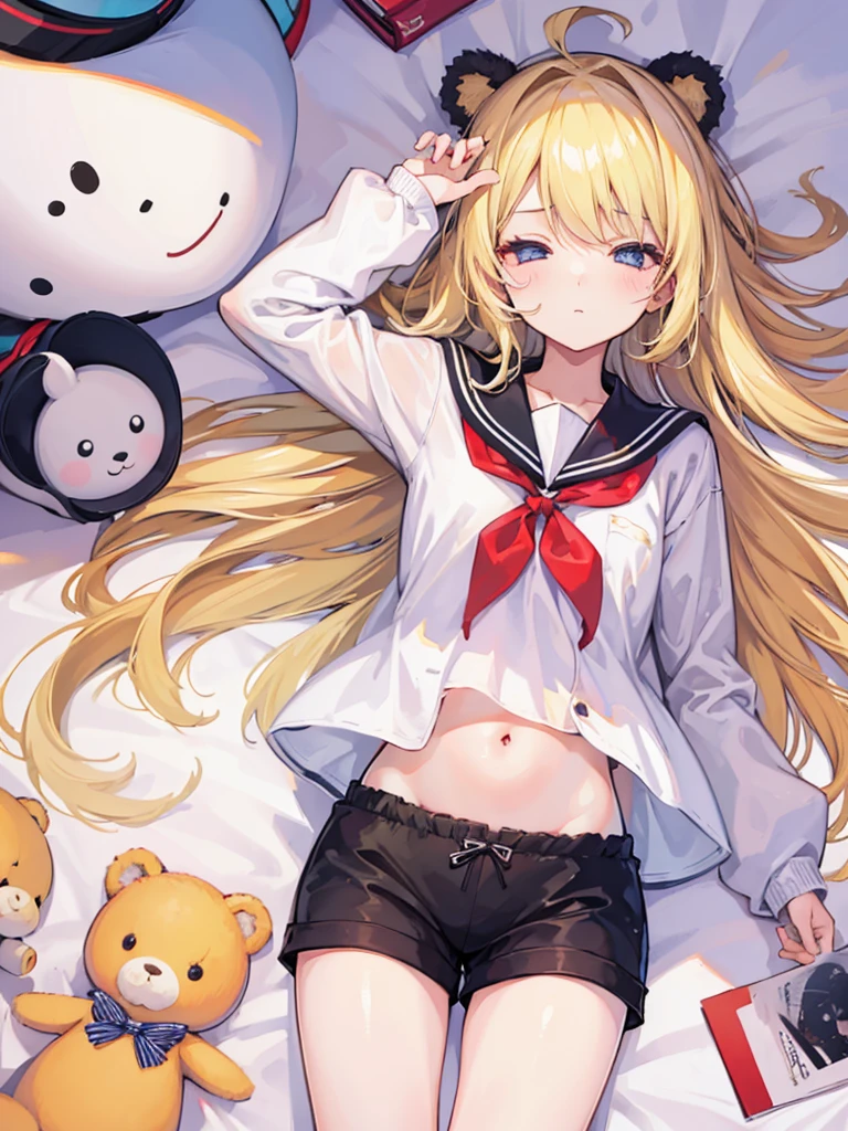 top quality、ultra precision、a girl、(Mirror sound_return)、green eyes、cute trumpet、short hair、white hair ribbon、hairpin、earphone、one blonde、tattoo number on arm、Sailor suit、black shorts、in、Yellow scarf、sleeveless、Smile、High school students、elder sister、White background