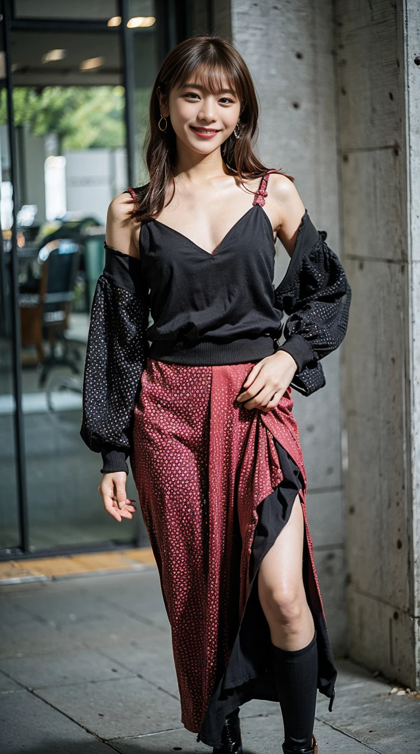 masterpiece, great work, whole body, 1 girl,  mini skirt, blush, bracelet, beautiful breasts, , gradient hair, long hair, looking at the audience, loose earrings, checked skirt, red eyes, ring, smile, alone,  fashion, woman, vitality,  take a pose, front, colorful,concentrated、whole body画像(1:5）、thin legs、Are standing、put your hands on your hips、idol costume、boots、whole body画像、Chest emphasis、pink costume、stand with legs apart