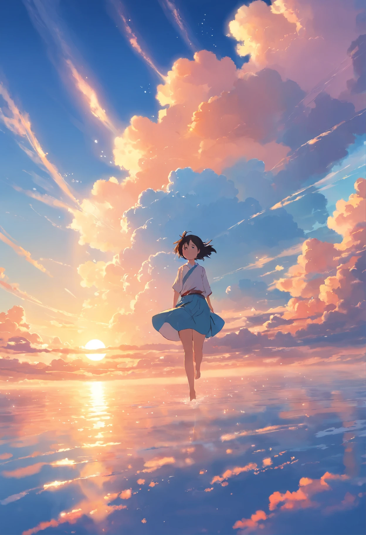 masterpiece, best quality, movie stills, 1 woman, Cloud Girl, Floating in the sky, enlargement, bright, happy, Warm and soft lighting, sunset, (flame:0.7)