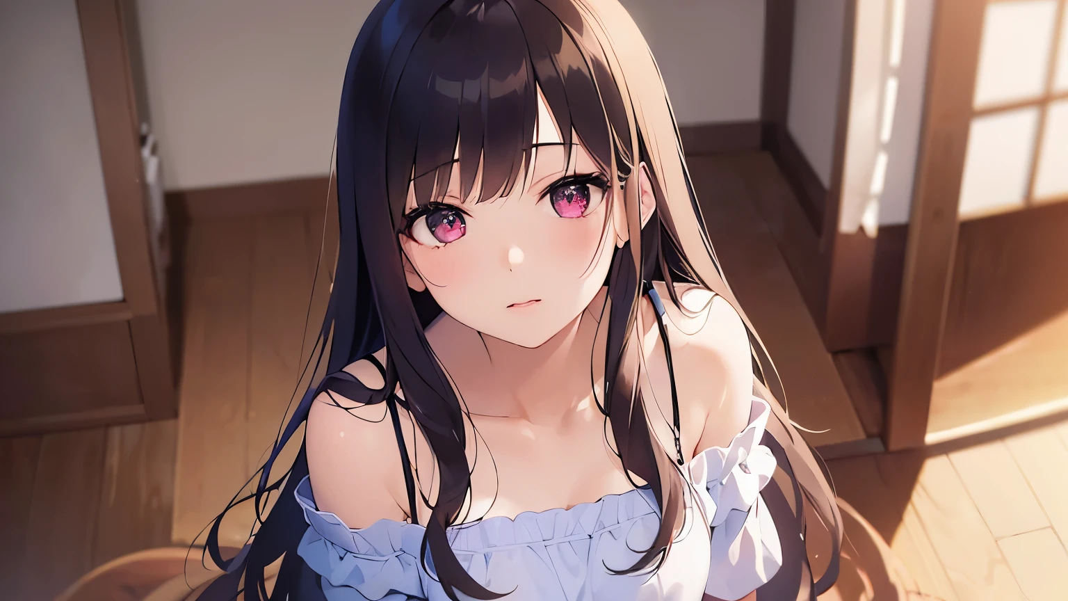 Upper Body, (cinematic angle:1.5), Realistic, real person, RAW photo, photorealistic, portrait photography, shiny skin, japanese idol、A 25-year-old woman with medium-long hair with bright chestnut bangs.、red eyes, wearing a white off-shoulder blouse、wearing a gray skirt、cleavage is visible、(sad:1.2), blush, The background is the living room、Alone、Staring,
