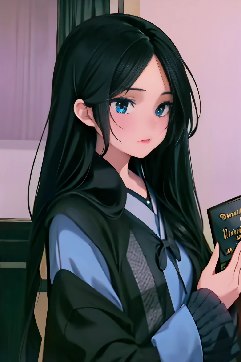 1 girl, (masterpiece), (high quality:1.5), wears hogwarts ravenclaw uniform, long black hair, black eyes, holds a book, pretty face, delicate eyes, delicate lips, high nose bridge, optimal eye size, optimal nose size, optimal lip size, full body shot