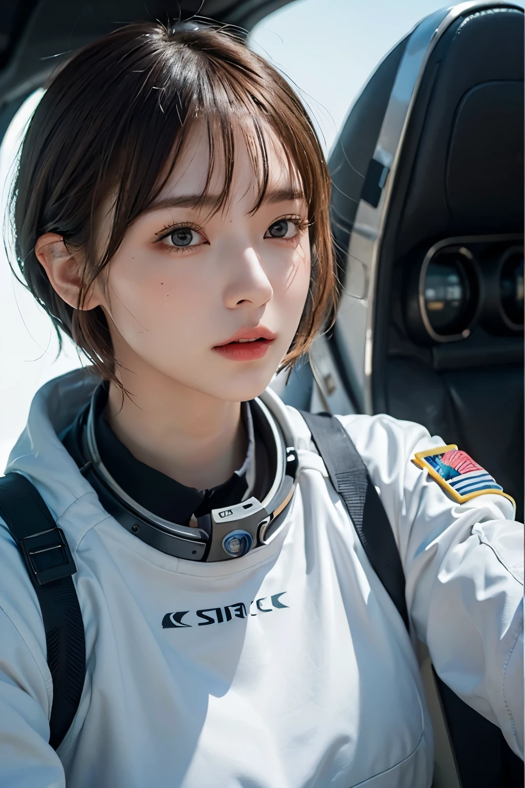 highest quality、masterpiece、ultra high resolution、(real:1.4)、Beautiful woman１、Beautiful details of eyes and skin、light brown short cut hair、The perfect spacesuit、spaceship、