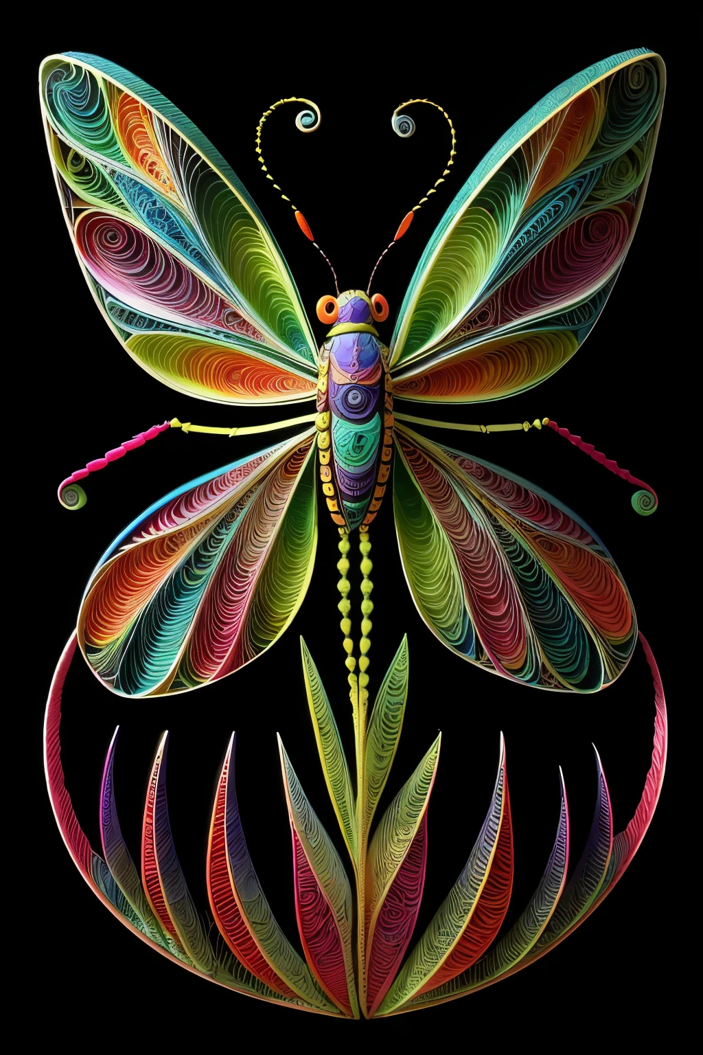 A psychedelic insect sculpture, intricately crafted with vibrant colors and intriguing patterns, reminiscent of a surrealistic dream. The details are excessively detailed, with a shallow focus that perfectly highlights the grooves and textures on the insect's exoskeleton. The lighting is psychedelic, casting mesmerizing hues and intensifying the colors, creating a trippy and enchanting atmosphere. s2
Or,
A psychedelic insect statue, masterfully portrayed through multi-dimensional quilling paper art, showcasing a chibi yet incredibly detailed design. The insect's body is adorned with swirling patterns,