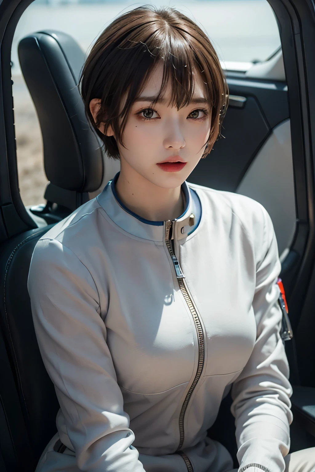 highest quality、masterpiece、ultra high resolution、(real:1.4)、Beautiful woman１、Beautiful details of eyes and skin、light brown short cut hair、The perfect spacesuit、spaceship、