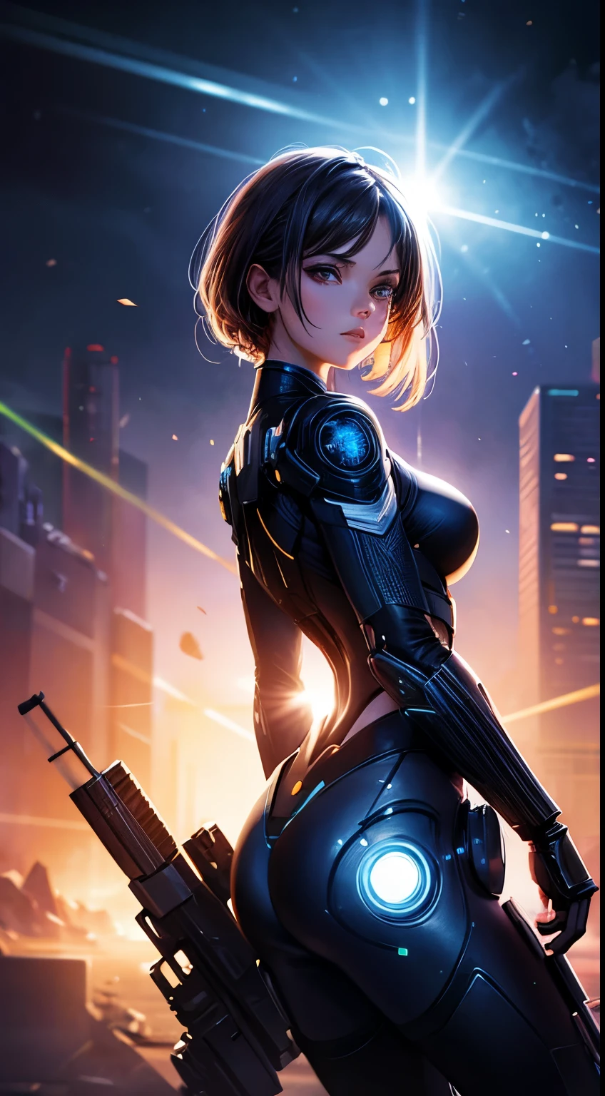 beautiful woman, sci-fi, 30 years old, 2d background with light effects