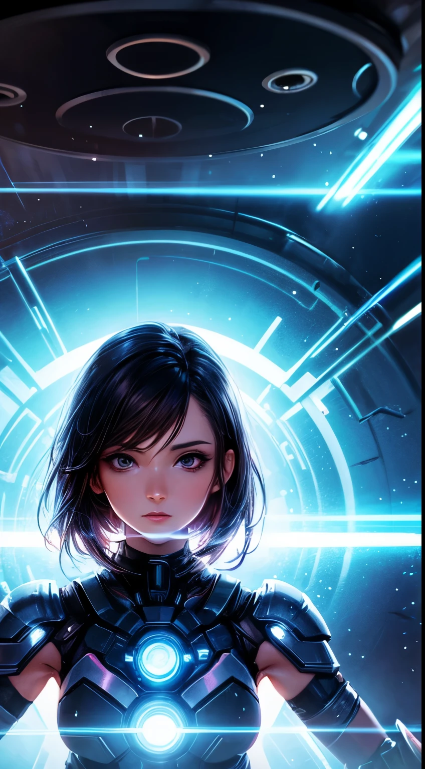 beautiful woman, sci-fi, 30 years old, 2d background with light effects