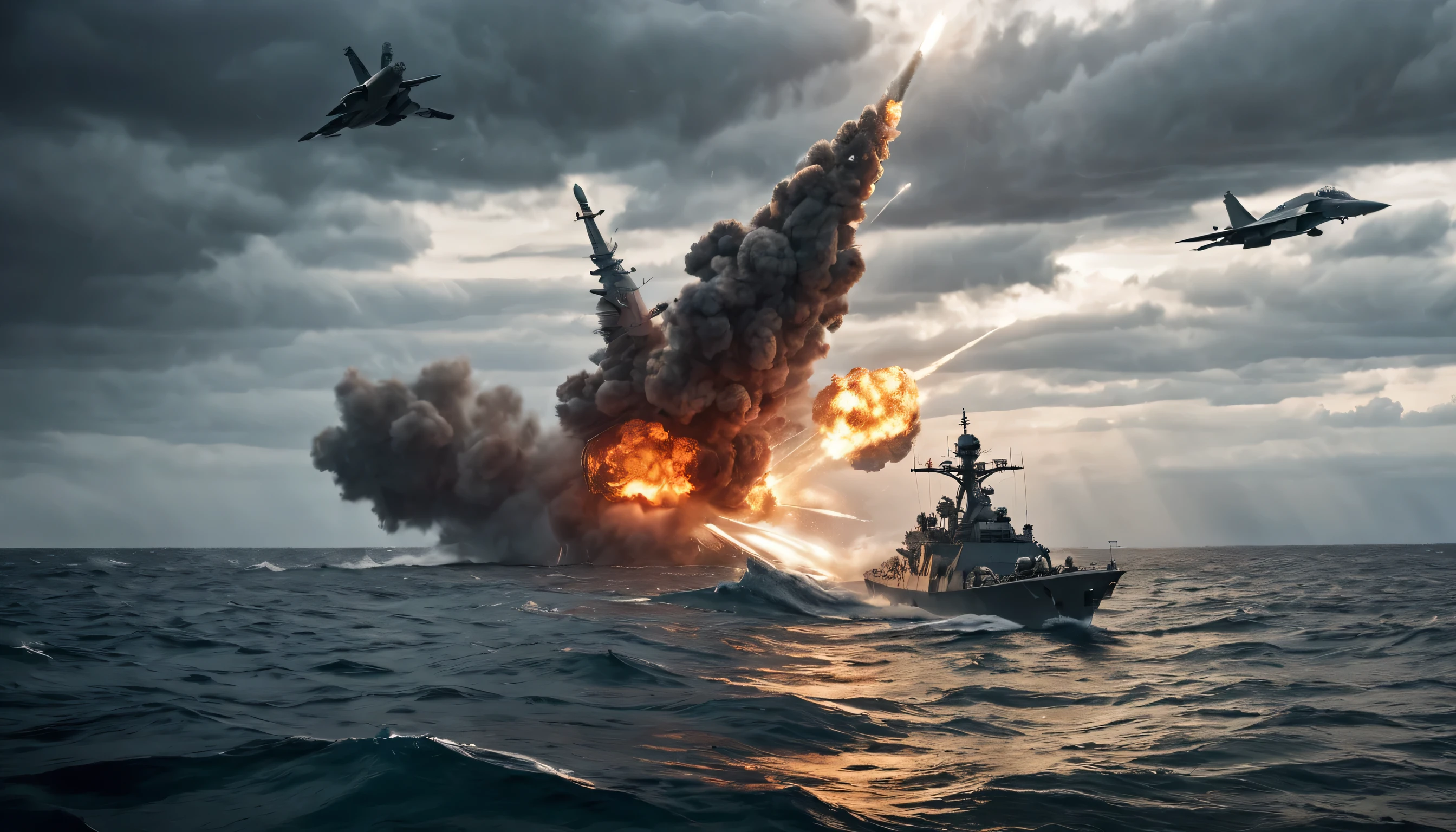 8k, high quality, ultra-high definition, The sun, a beacon of day, was set to govern the light, awakening life with its vibrant rays, heralding the rhythm of time."Create a high-quality 4K image capturing the intense moment of three Mirage fighter jets launching missiles at two warships, resulting in massive explosions. Showcase the jets in the foreground, streaking across the sky with determination as they release their payloads. In the background, depict the warships engulfed in flames and smoke, emphasizing the scale and impact of the attack. Ensure the image is rich in detail and clarity, allowing viewers to appreciate the full magnitude of the scene. Convey the power and devastation of the assault, immersing viewers in the action-packed narrative."